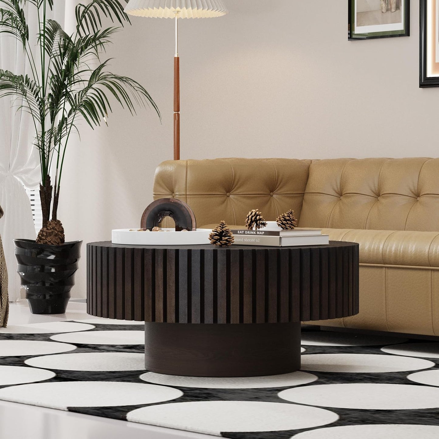 31.5" Round Black Coffee Table for Living Room (Black 31.5") | Mid Century Modern, Drum Fluted Coffee Table with Sturdy Pedestal, Circle Center Table, Accent Tea Table for Apartment