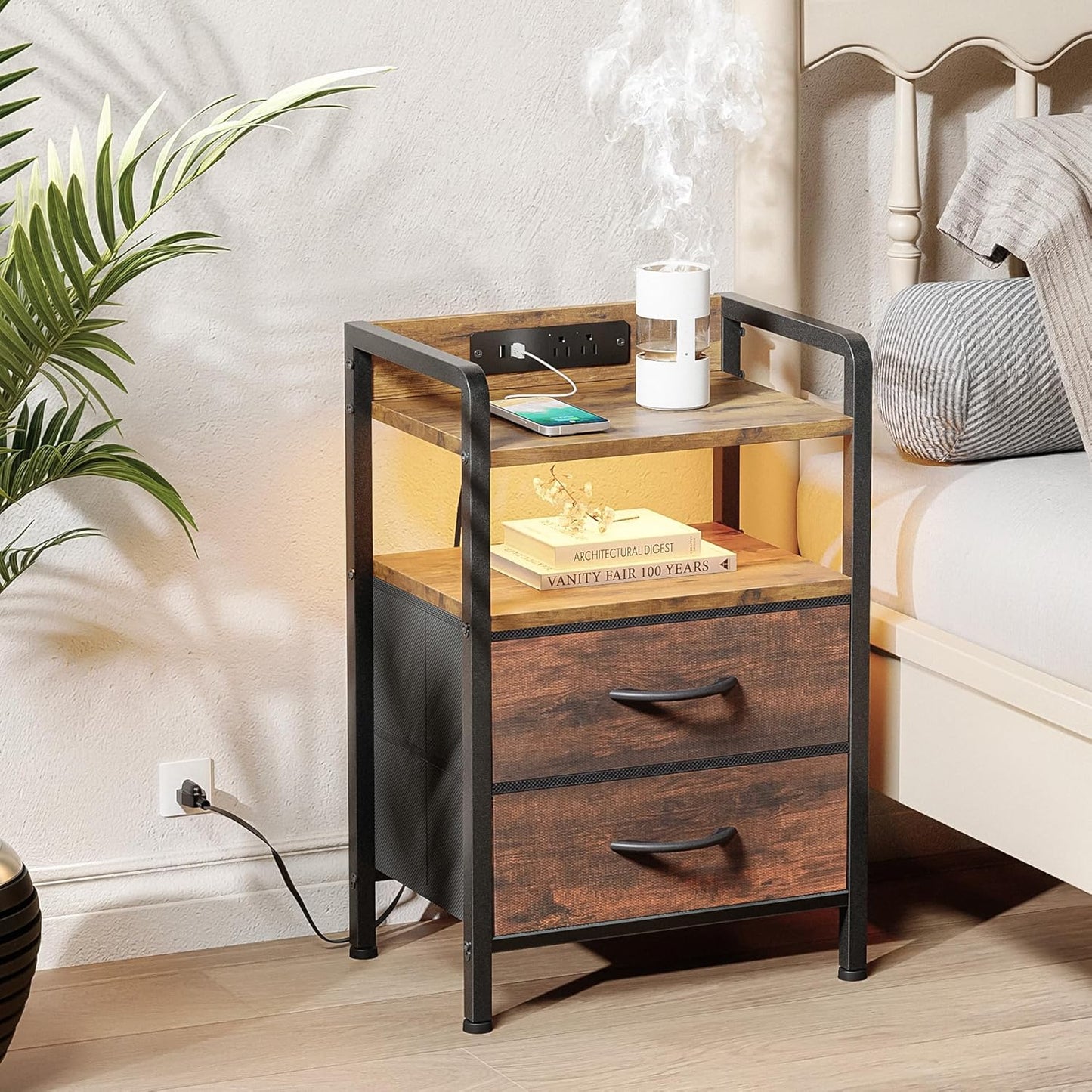 Lazzanto Night Stand Bedside Table Bedroom - Nightstand with Charging Station, Night Stand with LED Light Strip, End Table with U-S-B Ports & AC Outlets, Storage Shelf & 2 Fabric Drawers, Rustic Brown