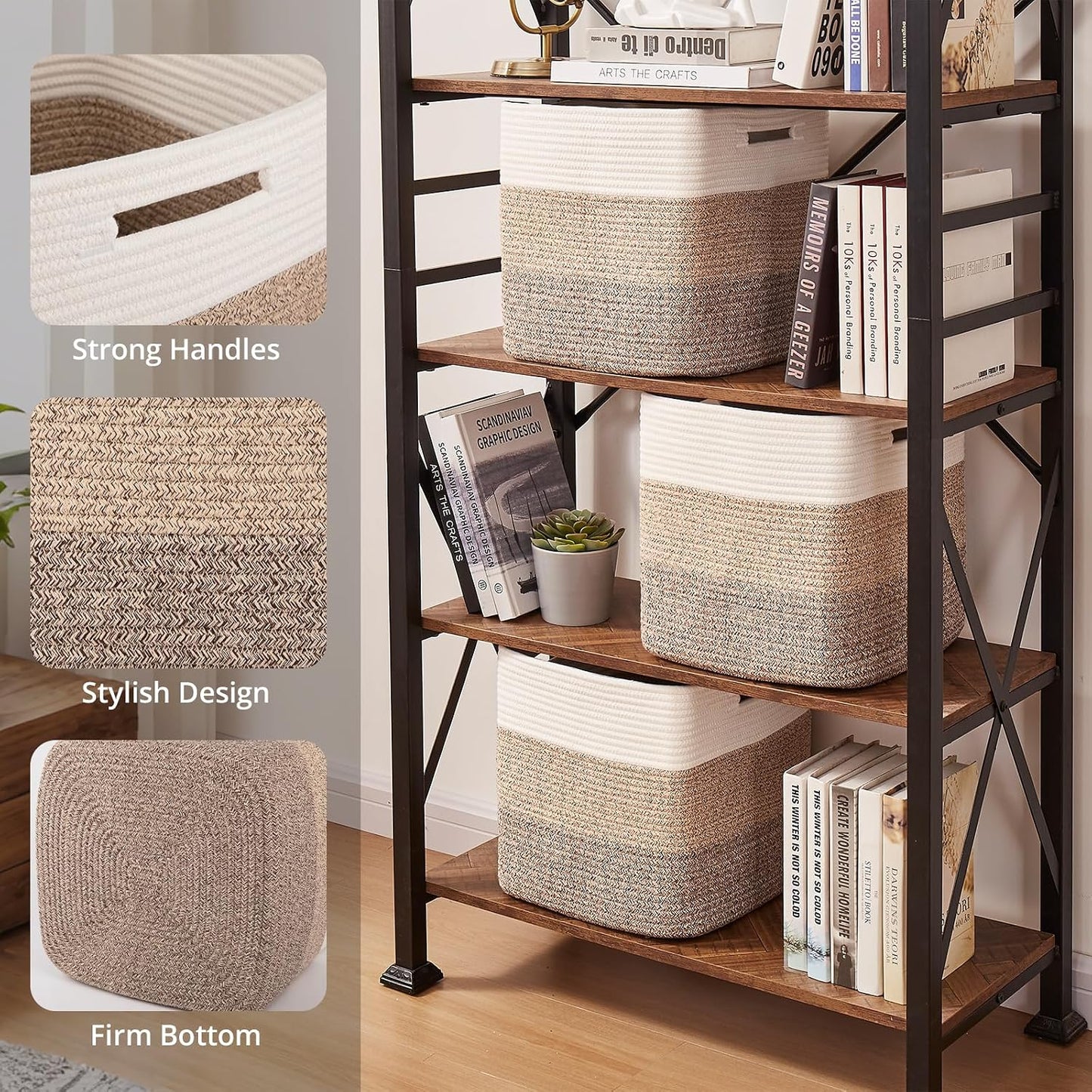 OIAHOMY 13 Inch Cube Storage Bins, 3-Pack Cotton Rope Woven Baskets for Organizing, Insert Storage Baskets for Shelves, Baby Nursery, Closet Organizer, 13 * 13 * 12.6IN, Gradient Brown