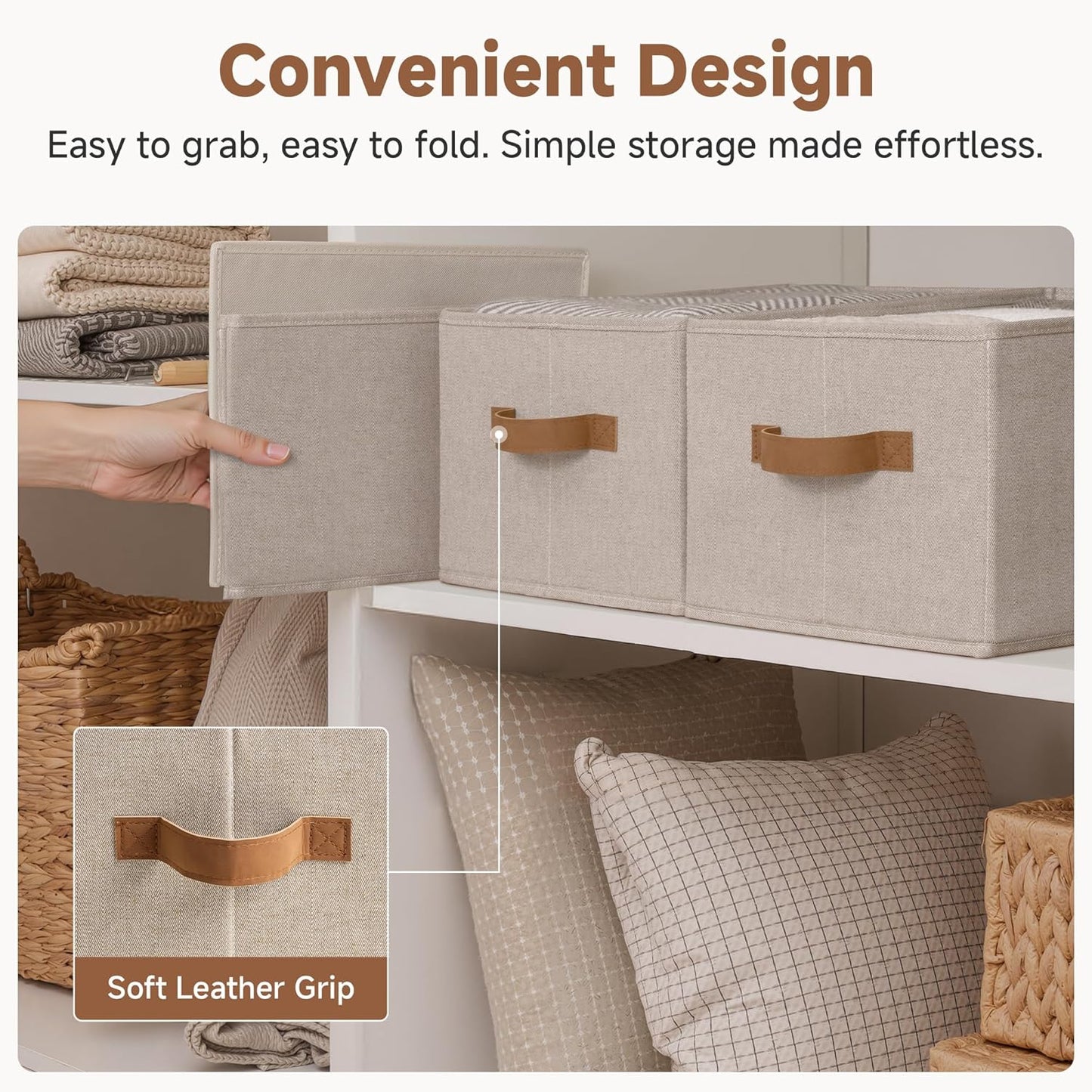 StorageWorks Closet Storage Bins, Brown & Beige, Large, 3-Pack | Shelf Baskets for Organization, Linen Closet Organizers and Storage Basket, Foldable Closet Organizer Bins for Clothes