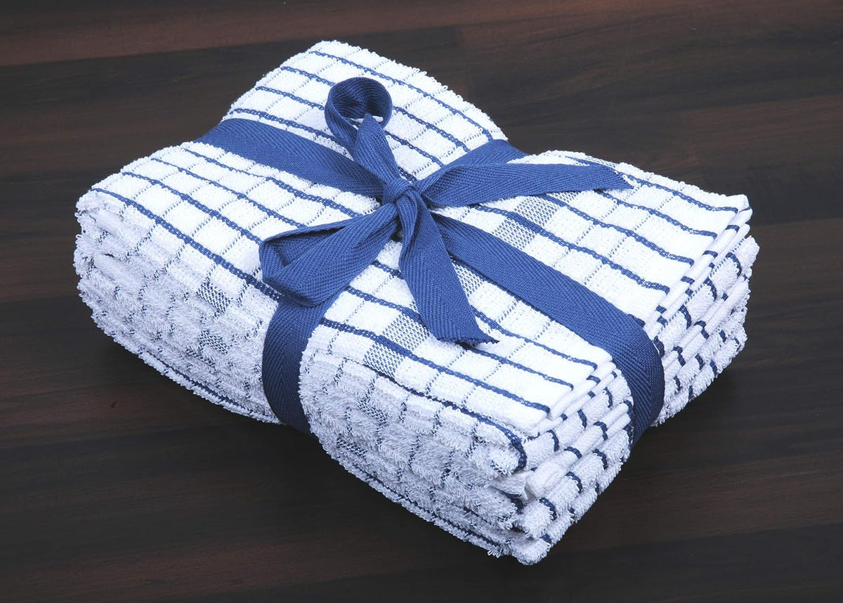 AMOUR INFINI Kitchen Towels Set of 4 - Highly Absorbent, Super Soft Terry Cotton 20x28 Inch Dish Towels with Hanging Loop - Hand & Tea Towels for Cleaning & Drying Dishes (Blue)