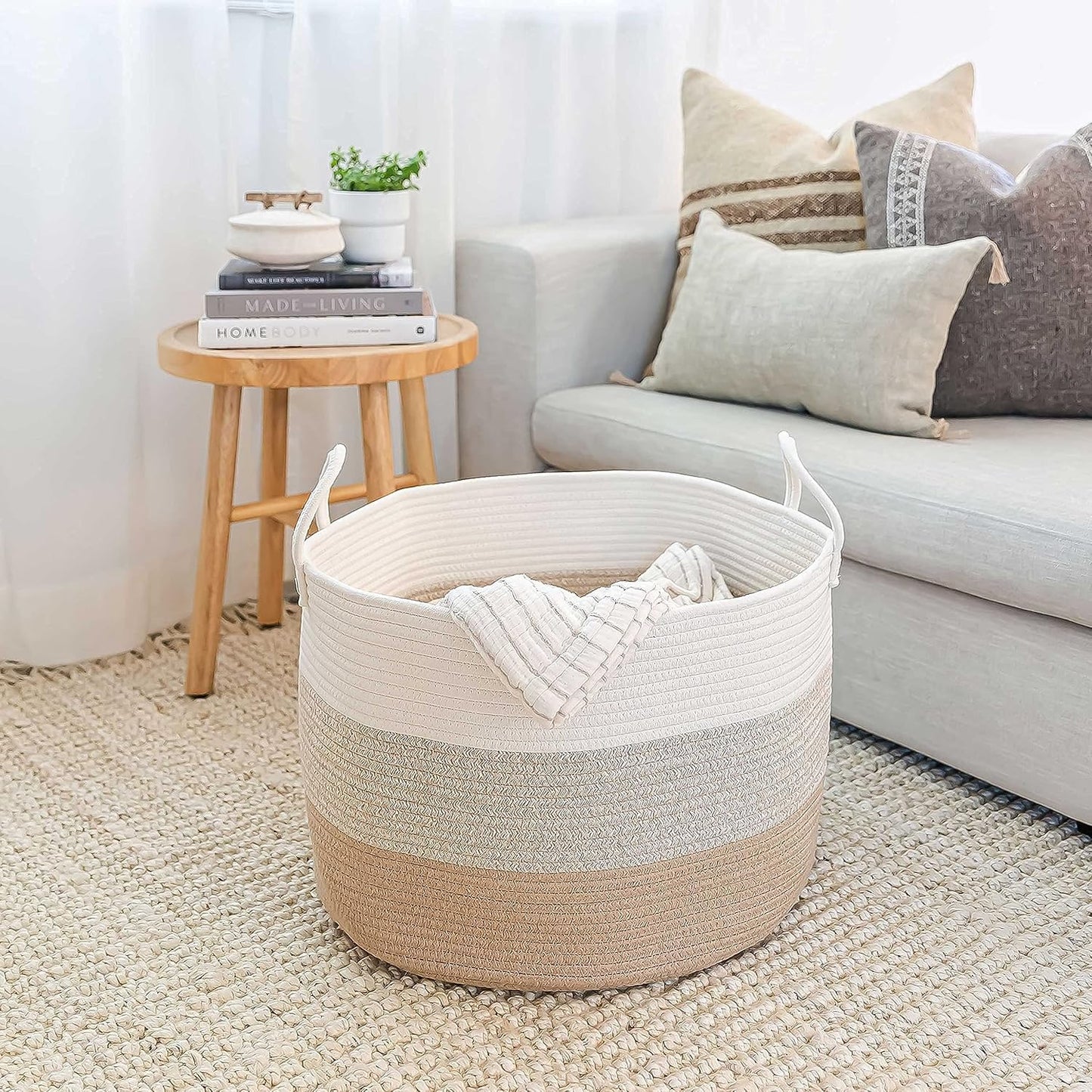 OrganiHaus Round Toy Basket & Blanket Basket, Cotton Rope 20x13" | 3-Toned Honey - Round Cotton Rope Basket, 20x13"