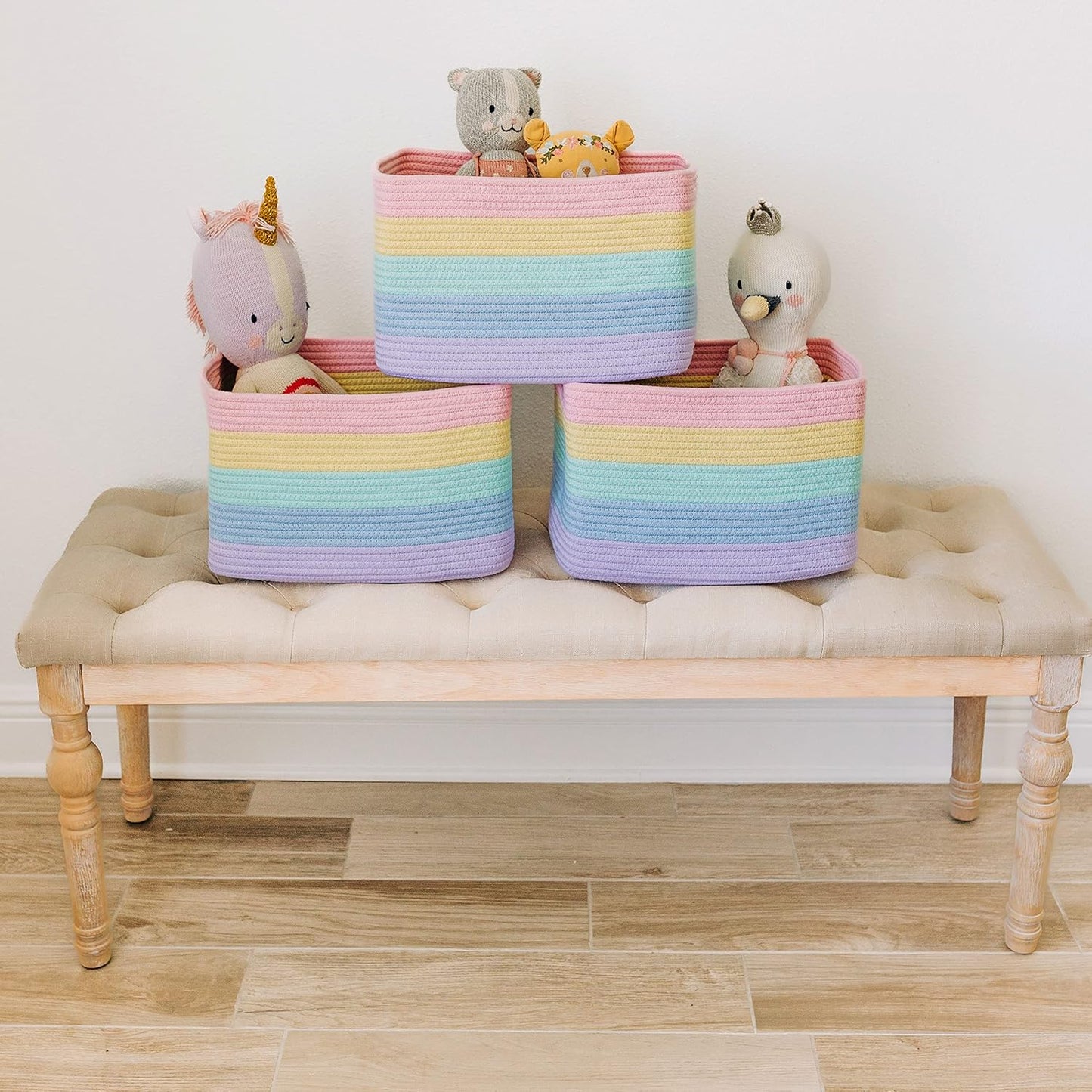 OrganiHaus Rainbow Baskets for Shelves, Set of 3, 15x9x10 | Colorful, handwoven cotton rope; a toy bin for playroom, classroom, or girls' room decor; great for nursery too