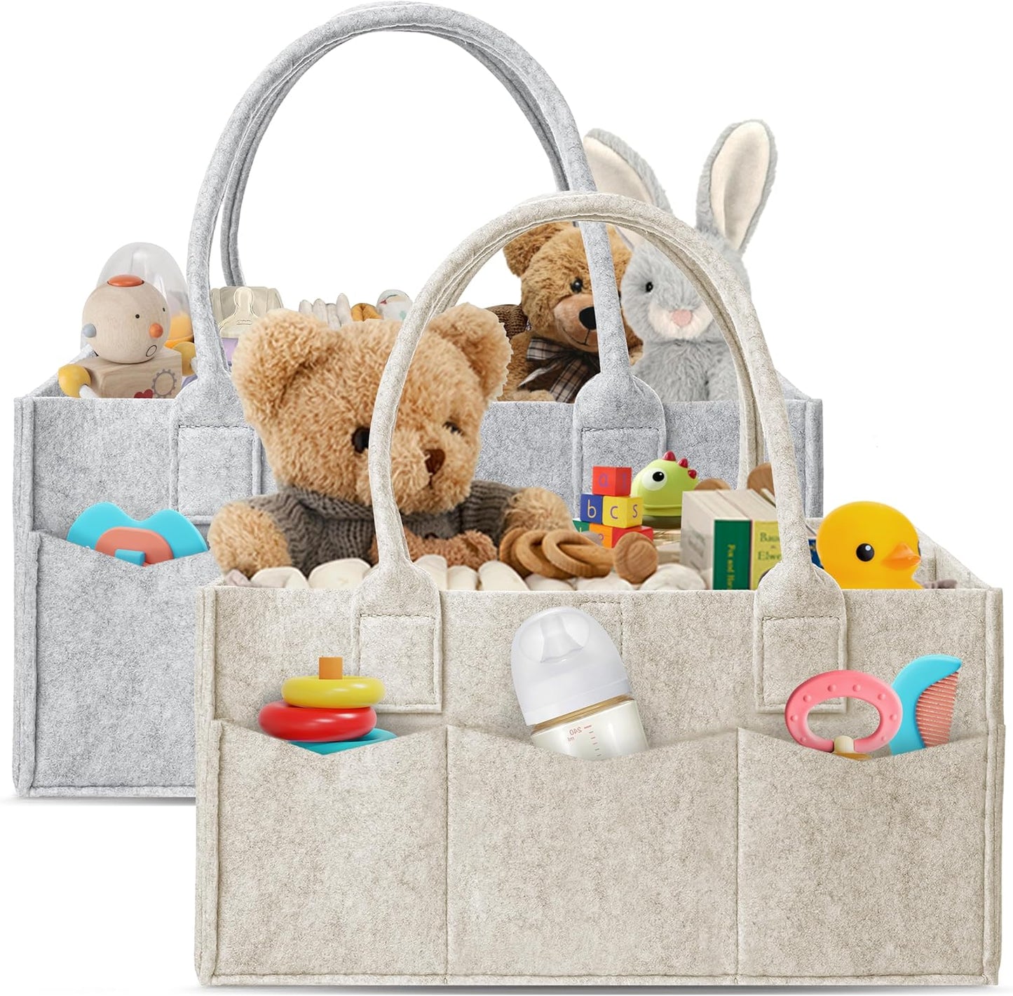 HIPHOP PANDA 2-Pack Diaper Caddy Organizer - Newborn Essentials Baby Registry Must Haves - Sturdy Nursery Storage Bin & Portable Car Caddy for Diapers & Wipes - Grey/Oatmeal Gift Set