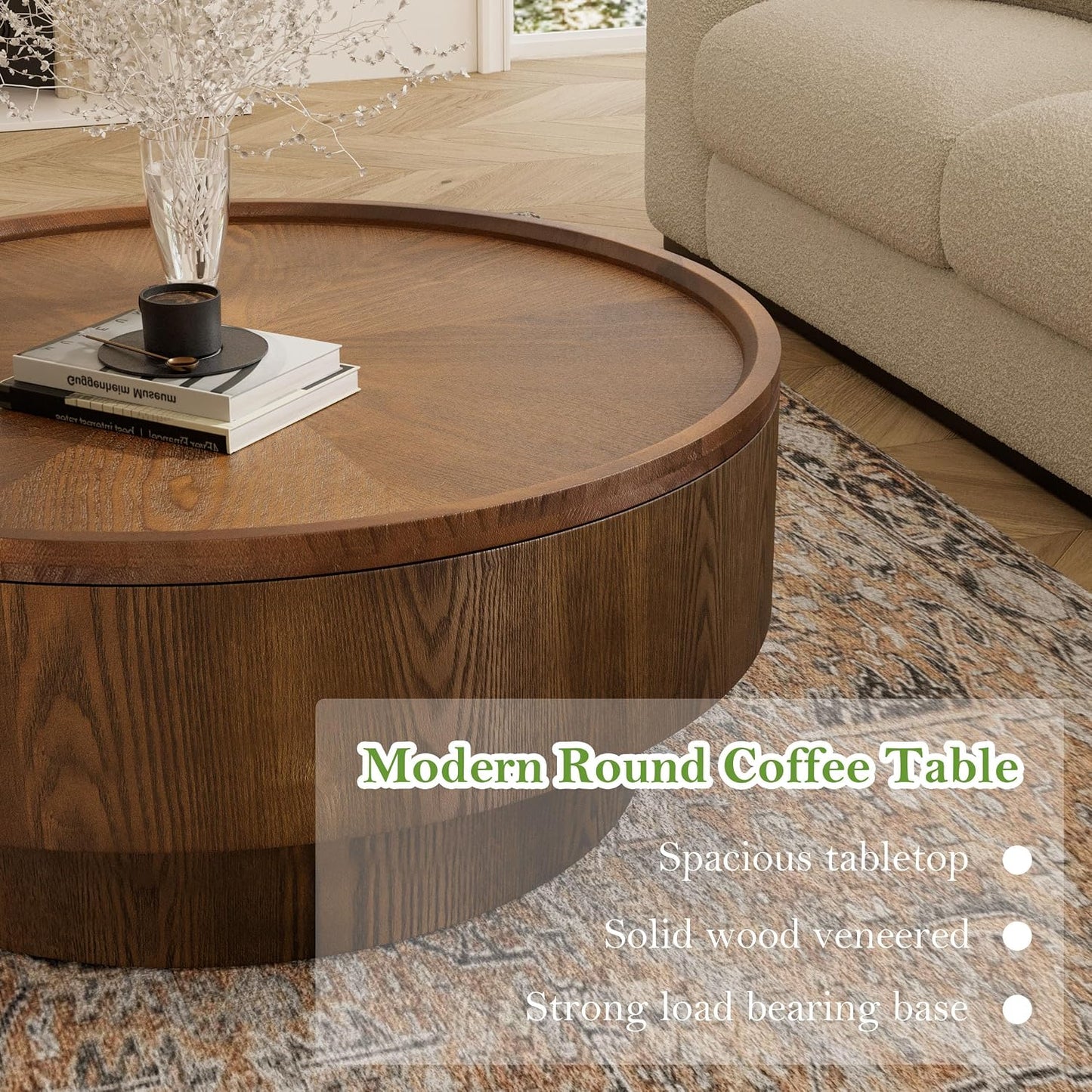 30.7" Round Coffee Table with Storage (Circle Storage Table 30.7in) | Modern Stylish Circle Storages Coffee Table with Solid Wood Veneered | for Living Room Study Balcony Farmhouse