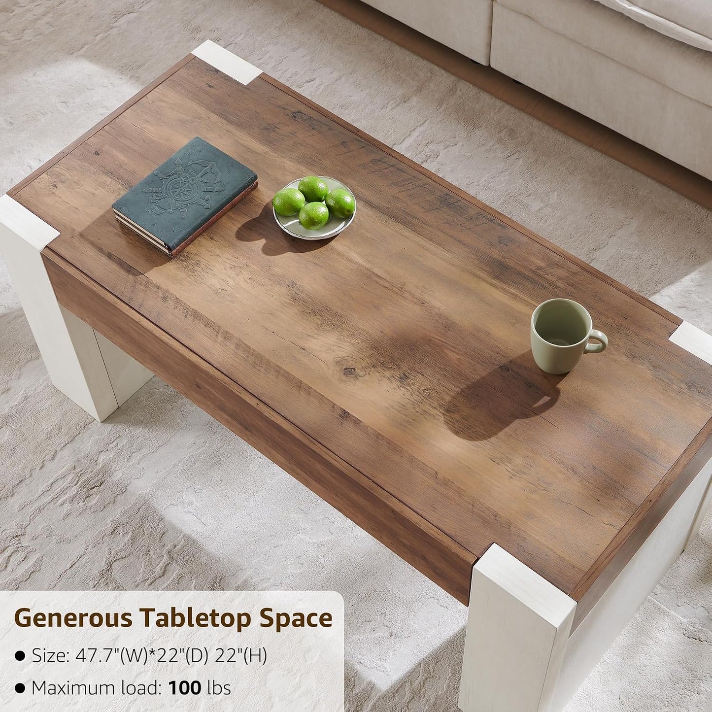 OKD 48" Modern Coffee Table with Hidden Storage Drawer,Antique White | Wood Thick Design, Rustic Rectangular Center Tables for Living Room, Office