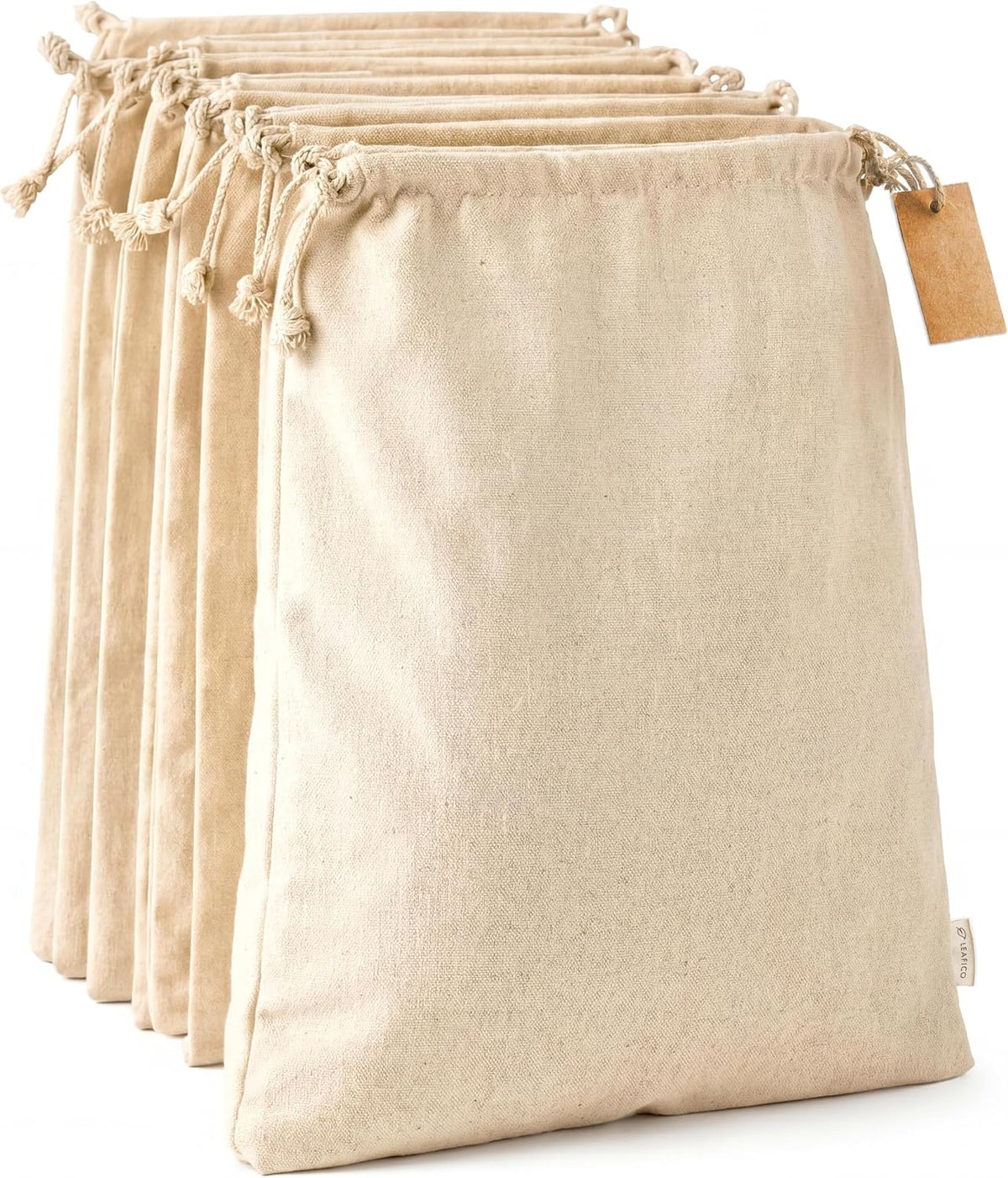 LEAFICO Organic Cotton Produce Bags - Medium 8x10 Inch (12 Bags) - Reusable Muslin Storage Bags with Drawstrings - Biodegradable Canvas Fabric - Perfect for Snacks, Clothes