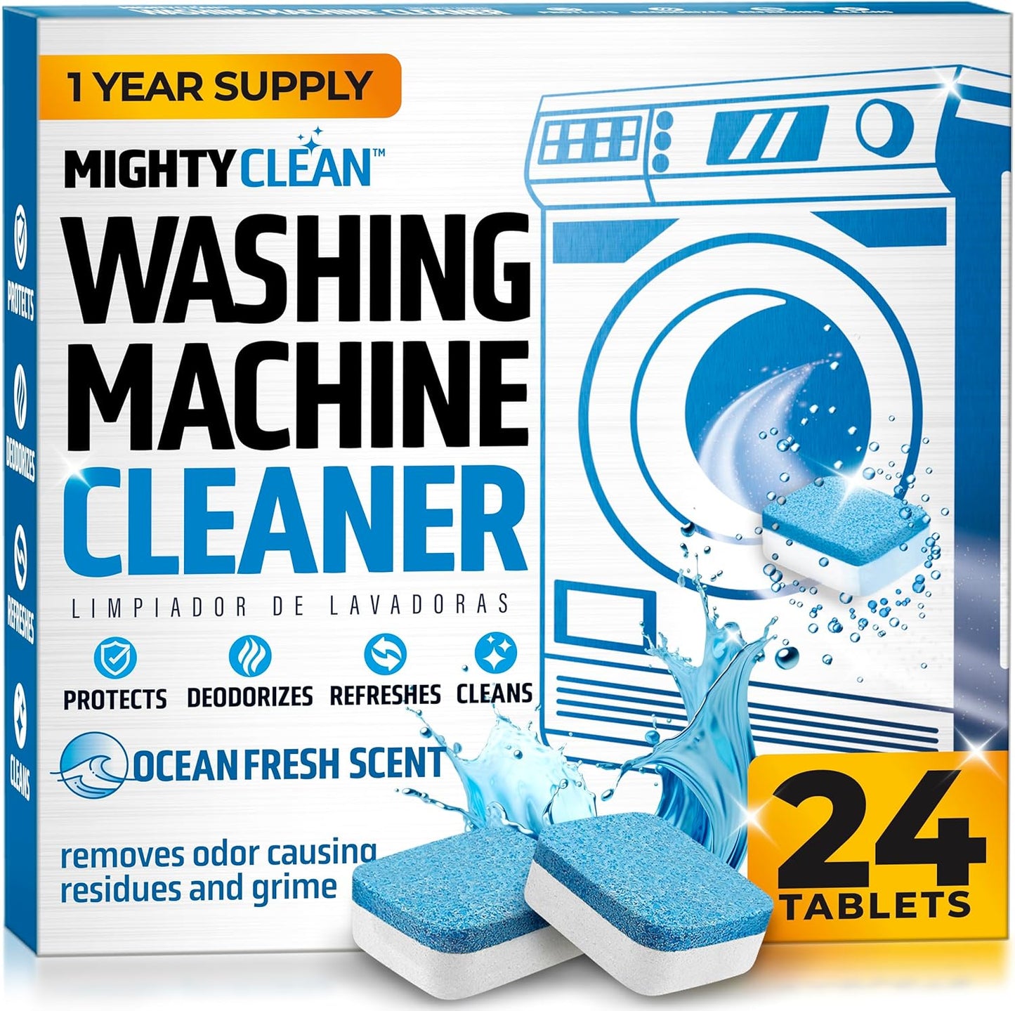 MIGHTY CLEAN Washing Machine Cleaner Tablets 24 Pack - 1 Year Supply, Septic Safe Washing Machine Cleaning Tablets, Washer Cleaner Tablet, Works with All Washers Including HE