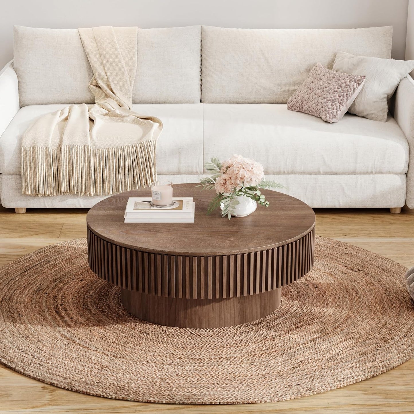 31.5" Round Coffee Table with Hidden Storage Compartment, Modern Handcraft Fluted Drum Coffee Table, Wooden Circle Center Table Cocktail Tea Table with Sturdy Pedestal for Living Room, Walnut