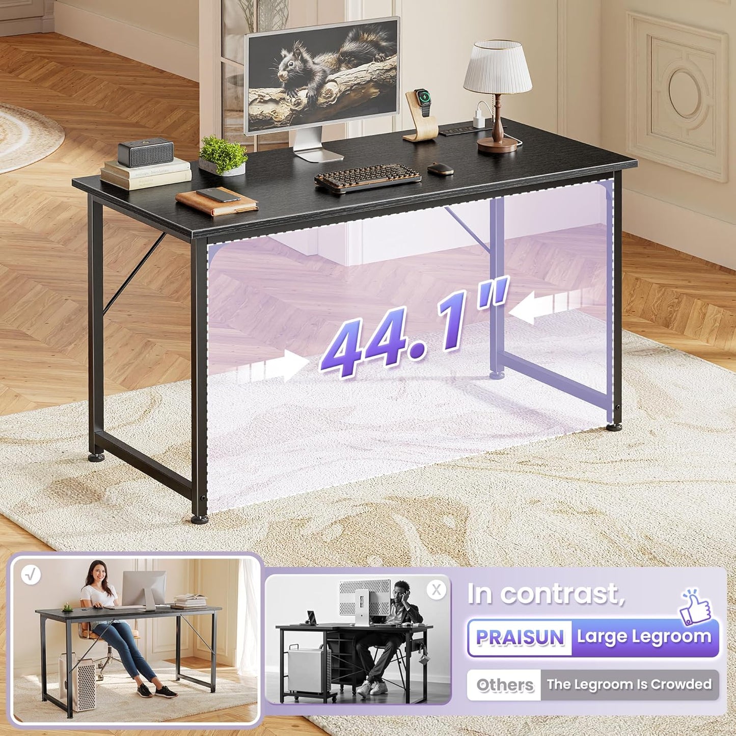 PRAISUN 47 X 20 Inch Office Computer Desk with Power Outlets and USB-C Port, Larger Gaming Desk, for Home Office, Study, Bedroom, Writing Work from Home Table, Metal Frame, Black