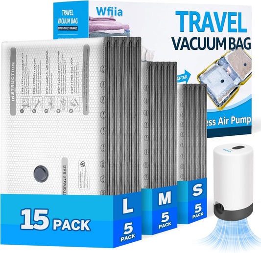 15 Packs Vacuum Bags for Travel with Rechargeable Pump, 3 Sizes Vacuum Seal Bags for Clothing, Compression Vacuum Travel Bags for Luggage, Vacuum Packing Bags for Closet Organization