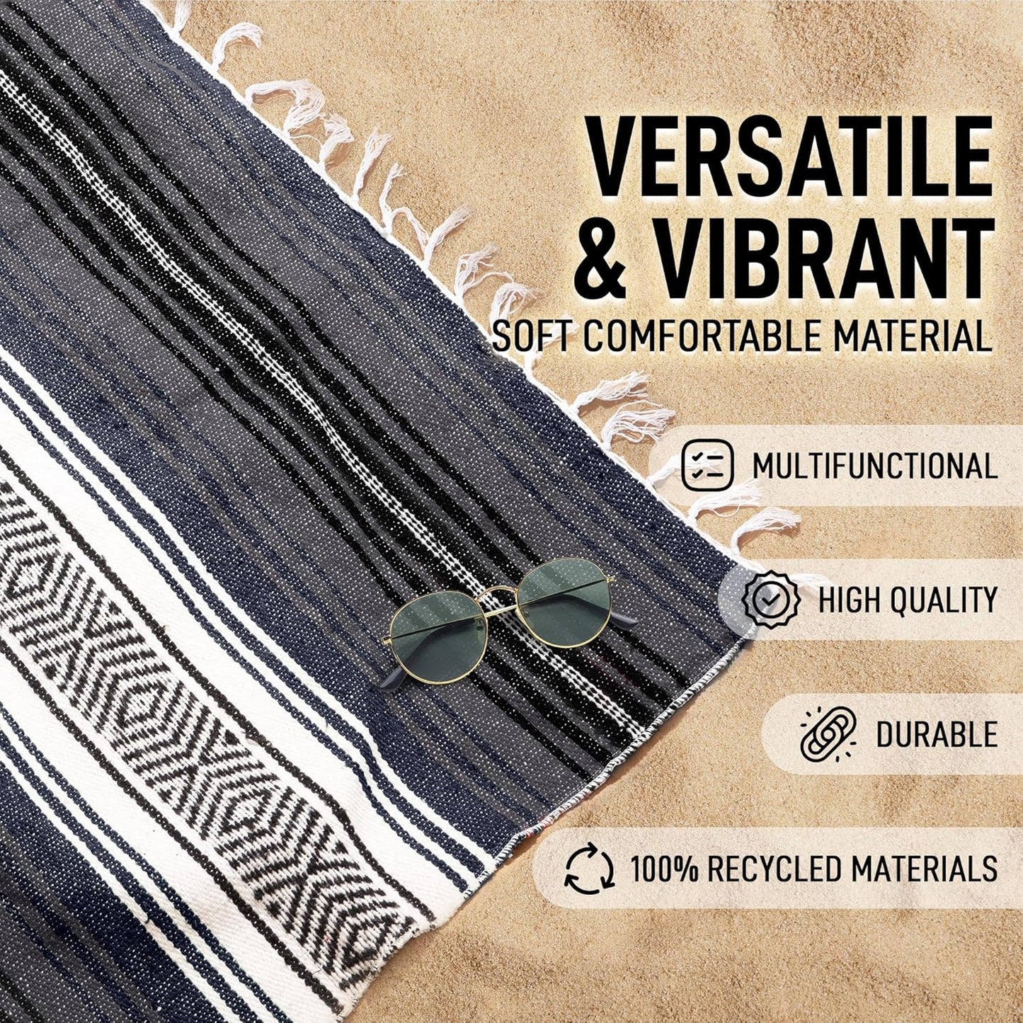 Hydration Nation Authentic Extra Large Mexican Blanket (70"x50") - Handwoven Yoga, Serape - Artisanal Falsa, Beach, Camping, Picnic, Outdoor (Blue Haze)