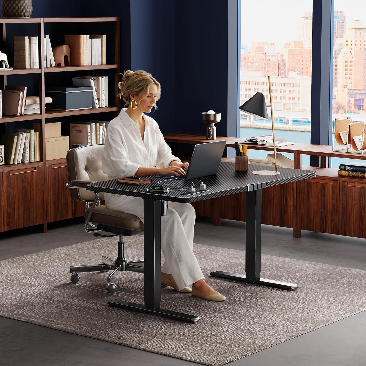 Huuger Electric Standing Desk with Power Outlets and USB-C Port, 47 X 24 Inch Height Adjustable Desk, Sit Stand Desk for Home Office, Computer & Gaming Desk with 4 Presets, Carbon Black