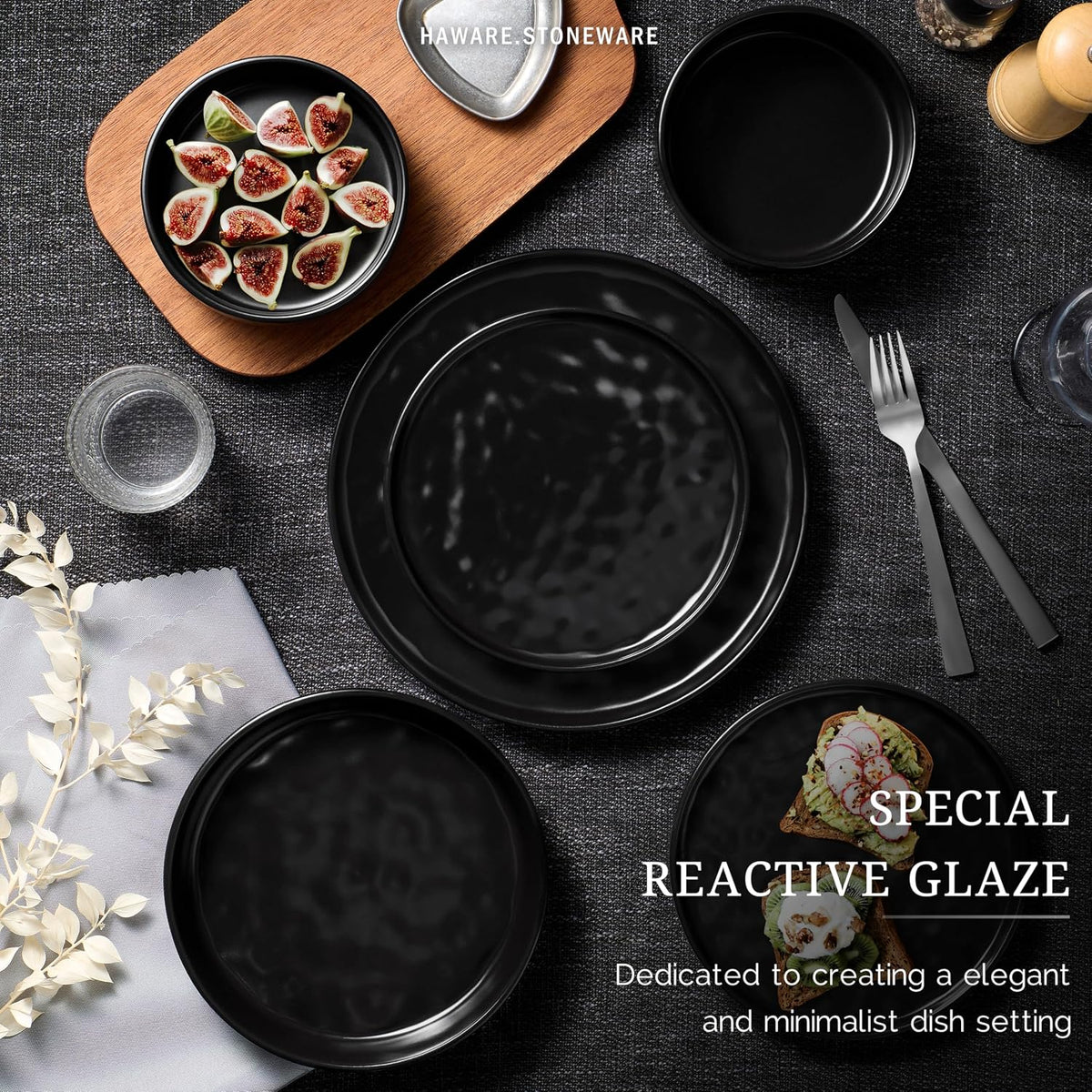 HaWare Dinnerware Sets, 18-Piece Plates and Bowls Set, Matte Black