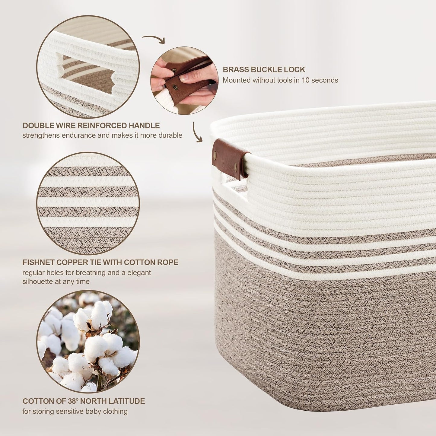 72L Large Woven Laundry Basket Hamper with Leather Handles,Brown