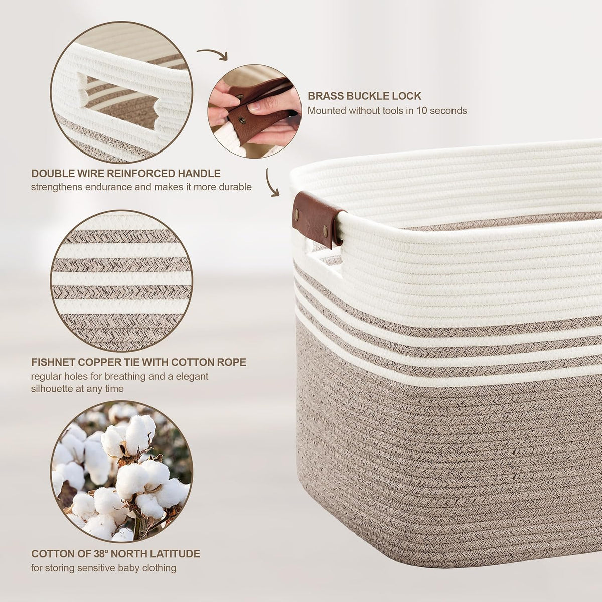 86L Large Woven Laundry Basket Hamper with Leather Handles,Brown