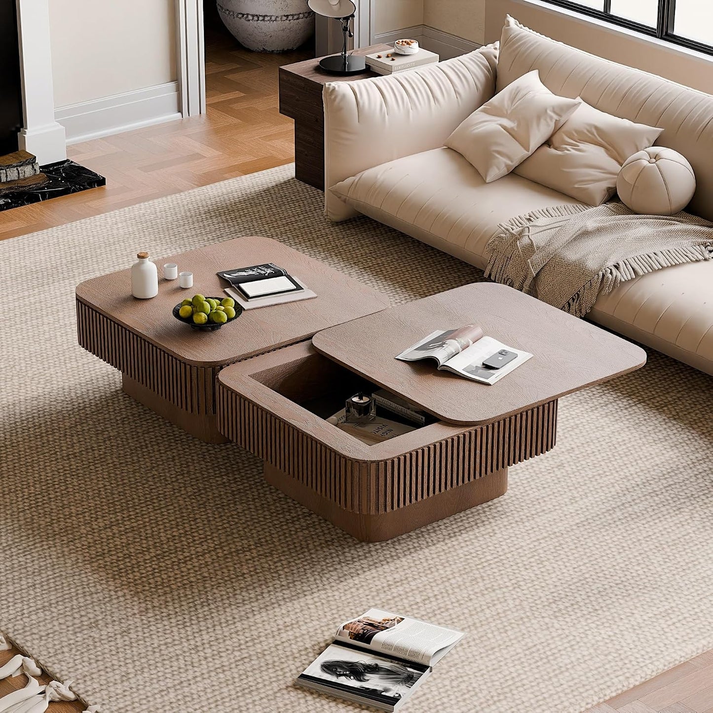 31.5" Square Coffee Table with Hidden Storage Compartment, Modern Handcraft Fluted Drum Coffee Table, Wooden Square Center Table Cocktail Tea Table with Sturdy Pedestal for Living Room,Walnut