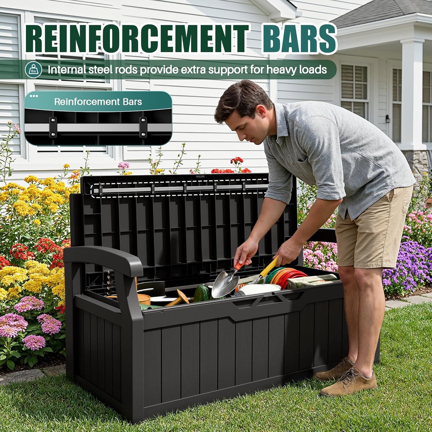 Devoko 80 Gallon Storage Bench Deck Box Lockable for Patio Furniture, Garden Decor and Outdoor Seating for Cushions, Garden Tools and Pool Supplies (Black)