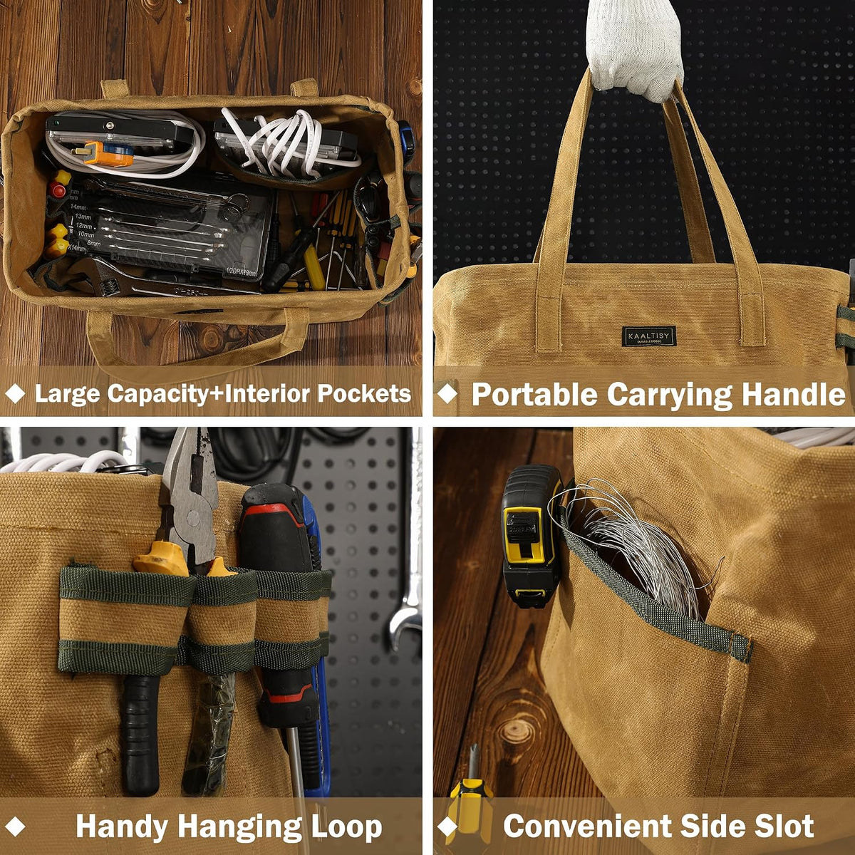 Open Top Tool Bag, Heavy Duty 16oz Waxed Canvas Tool Bag with Inside Pockets & Sturdy Handles - for Gardner Carpenter Craftsman - Tool Tote Bag Pouch | 15"Lx7"Wx10"H | Khaki