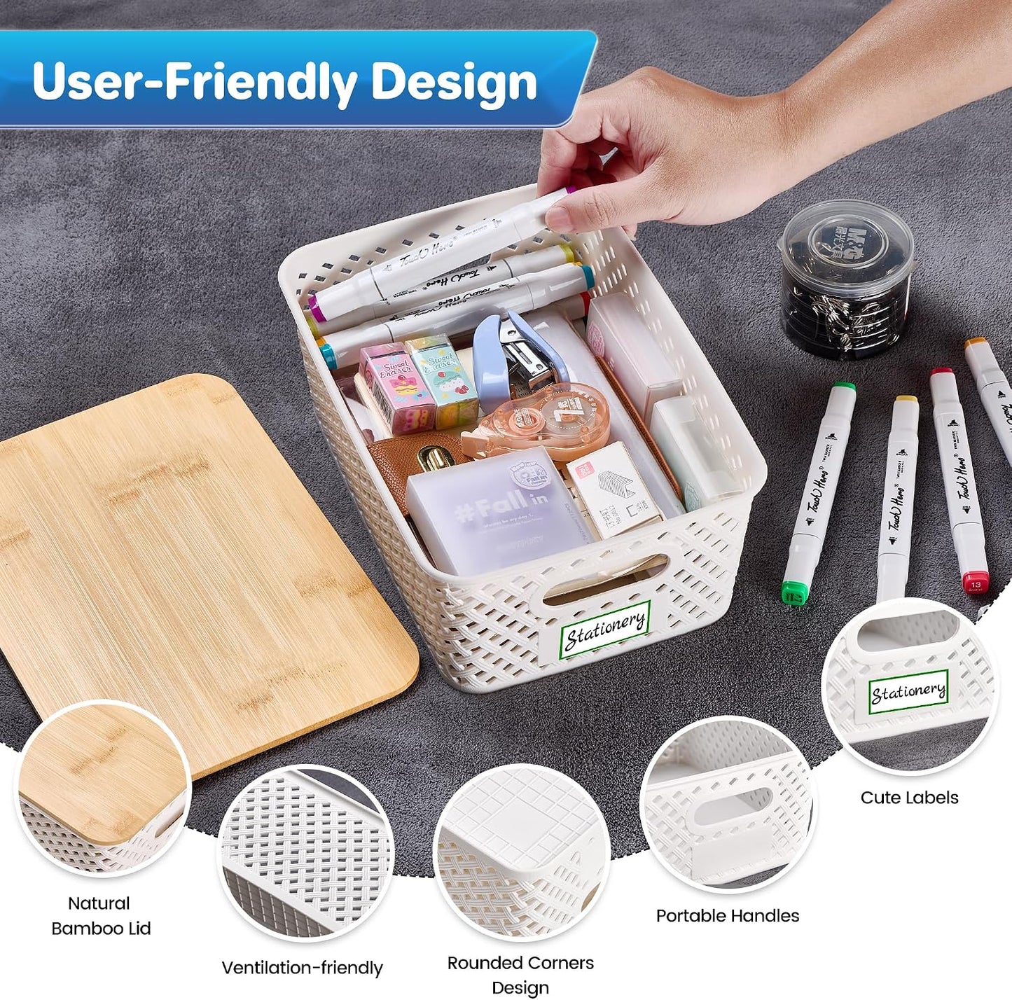 Anysig 8 Pack Plastic Storage Bins with Bamboo Lids, 5.2 QT Stackable Bins