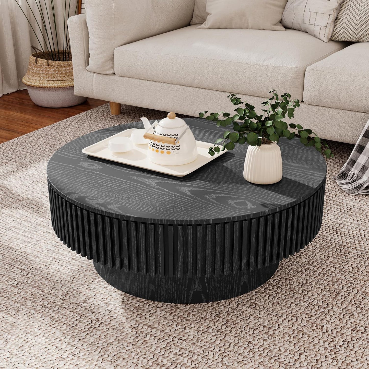 31.5" Round Coffee Table with Hidden Storage Compartment, Modern Handcraft Fluted Drum Coffee Table, Wooden Circle Center Table Cocktail Tea Table with Sturdy Pedestal for Living Room, Black