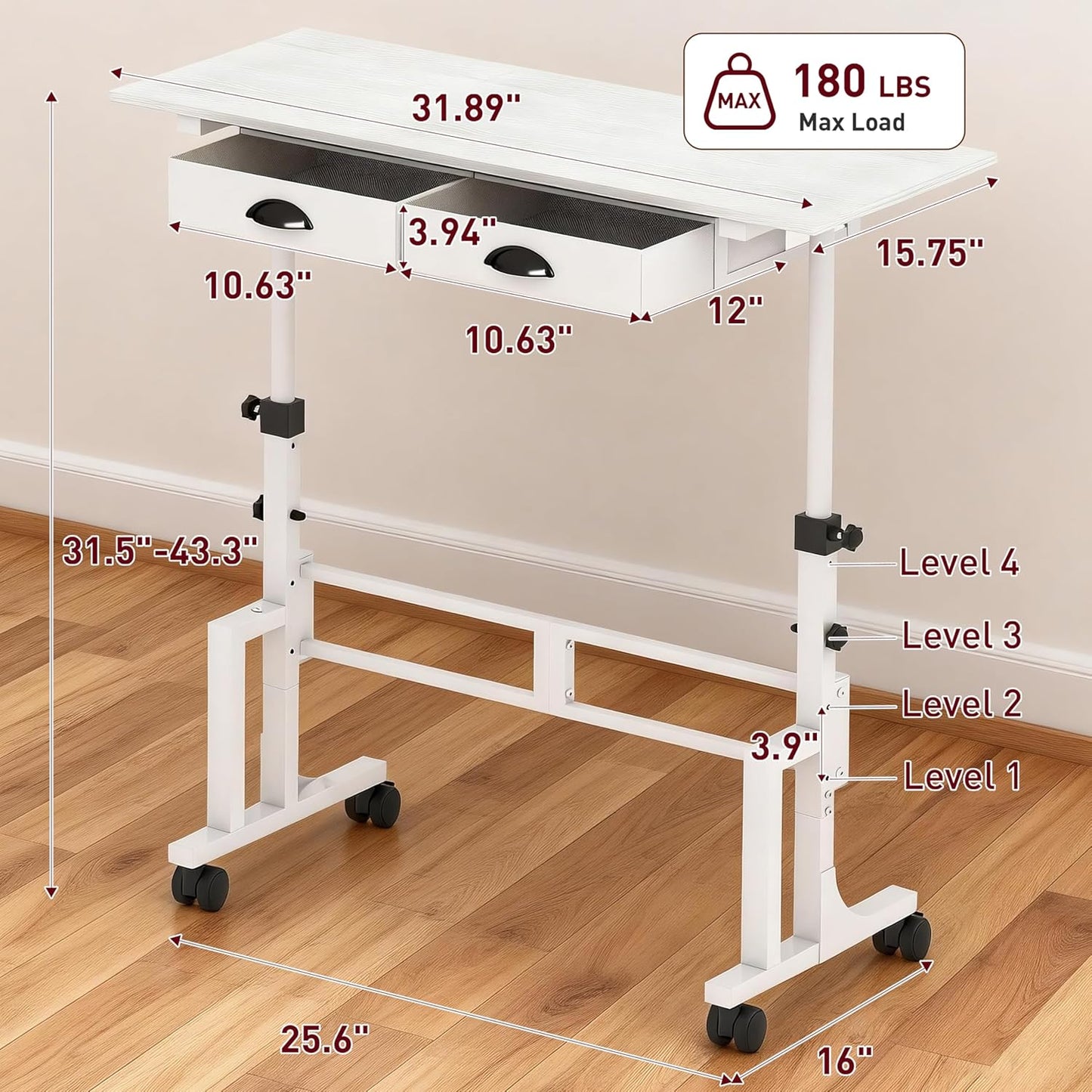 Height Adjustable Standing Desk with 2 Drawers, Small Sit Stand Up Desk with Wheels, Portable Rolling Desk for Walking Pad Treadmill, Computer Office, Adjustable 31.5"-43.3", White, Upgraded Stable