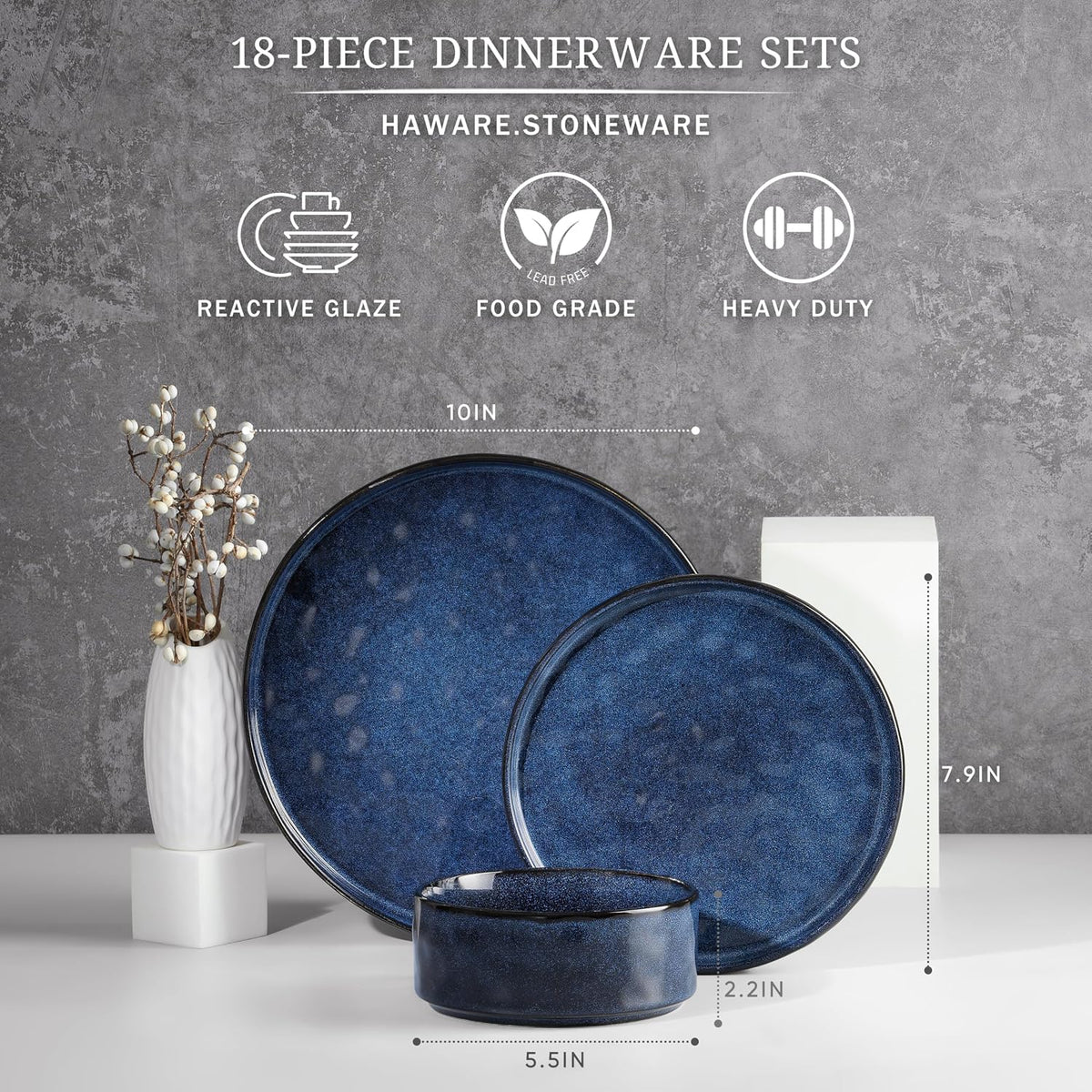 HaWare Dinnerware Sets, 18-Piece Plates and Bowls Set, Reactive Starry Blue