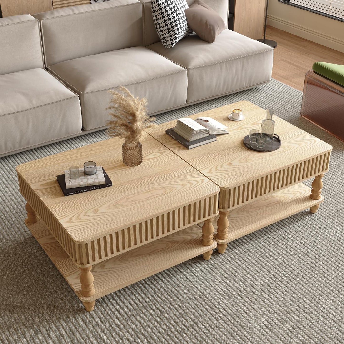 31.5 Inch Square Lift Top Coffee Table with Hidden Storage, 2 Tier Wooden Square Fluted Coffee Table with Open Shelf & Sculpted Leg, Retro Center Table for Living Room, Apartment, Home Office, Natural