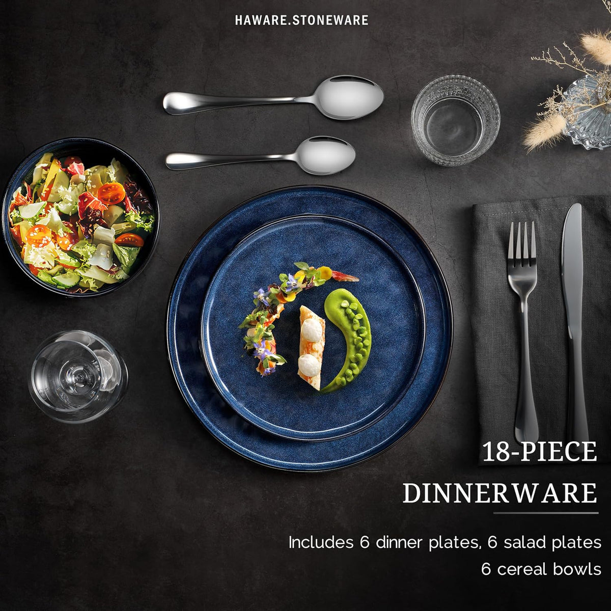 HaWare Dinnerware Sets, 18-Piece Plates and Bowls Set, Reactive Starry Blue
