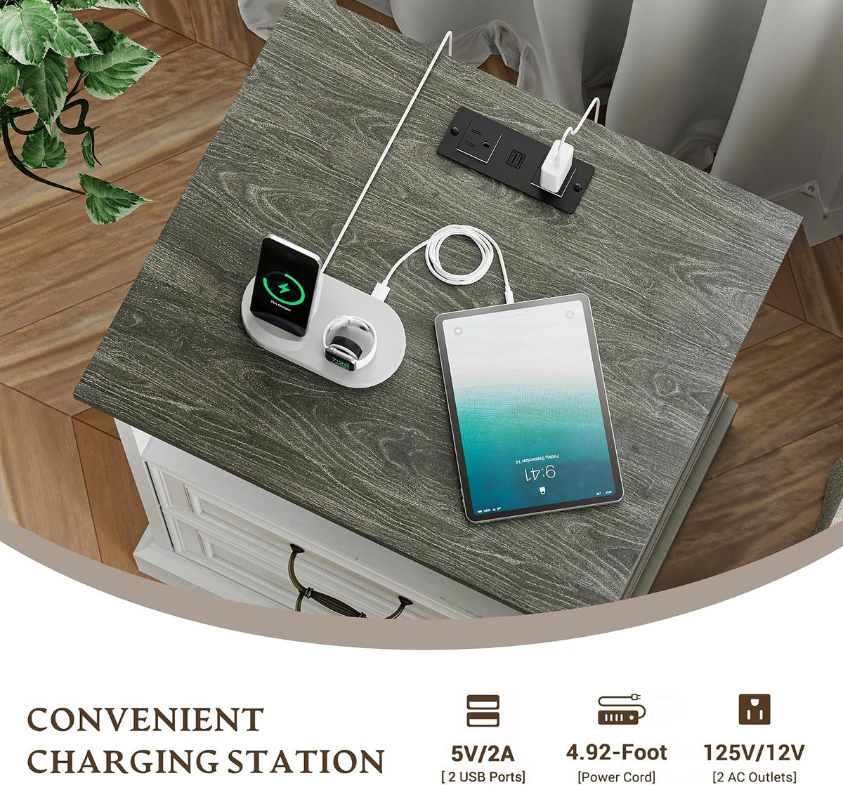 Xixini Tall Nightstand with Charging Station, Farmhouse White Bedside Table