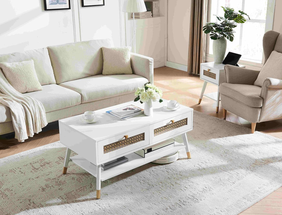 JYED DECOR White Coffee Table with Storage Drawers & Open Shelf, Mid Century & Boho Living Room Table with Gold Metal Designed for Home