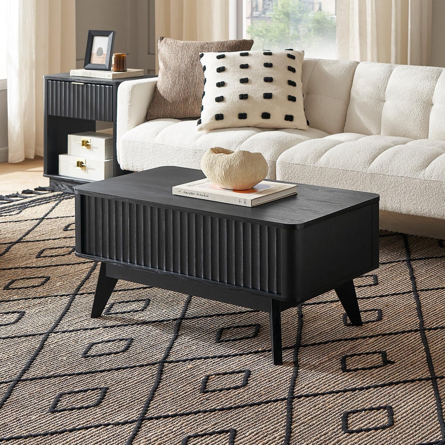 mopio Brooklyn Lift Top Coffee Table for Living Room, Mid Century, Modern Farmhouse with Lifting Tabletop & Hidden Storage, Fluted Panel, Rising Pull Up Dining Table (Black Oak)