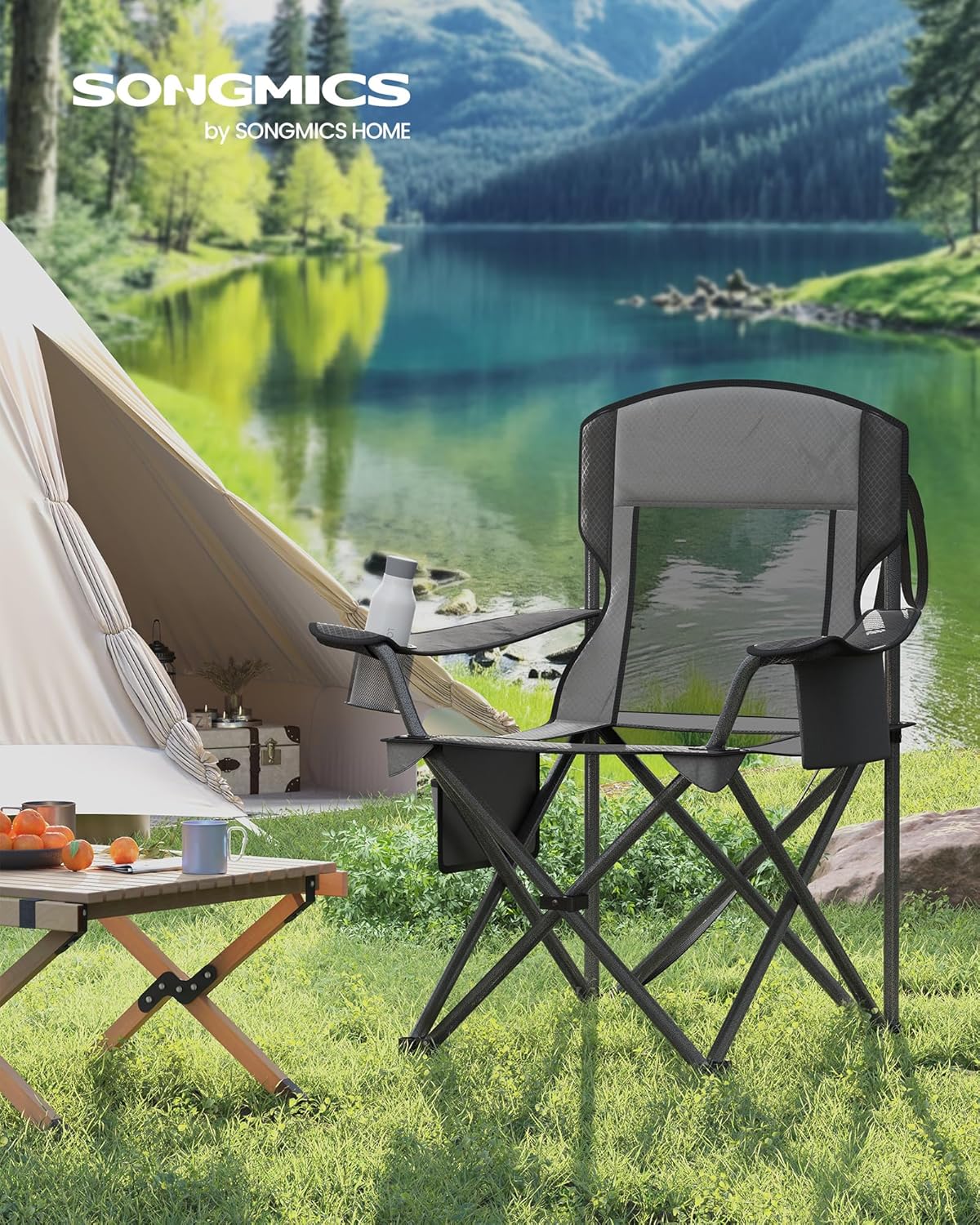 SONGMICS Camping Chair, Folding Oversized Chair, Comfortable and Heavy-Duty, 352 lb Weight Capacity, Adjustable Armrests with Cooler Bag, Storage Bag, Breathable Mesh, Slate Gray UGCB060G01