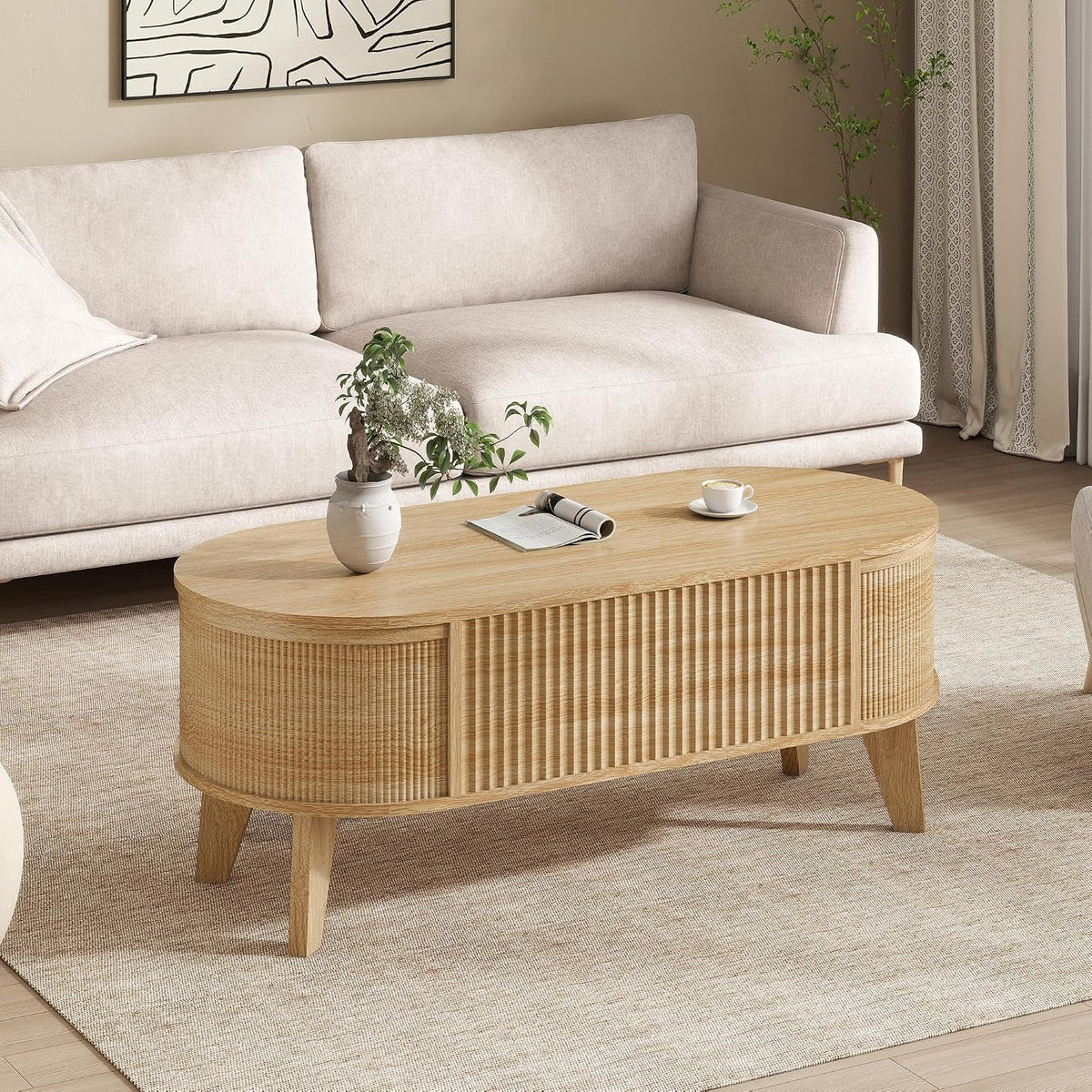 LYNCOHOME 43.3" Fluted Lift Top Coffee Table for Living Room, Oval, Oak