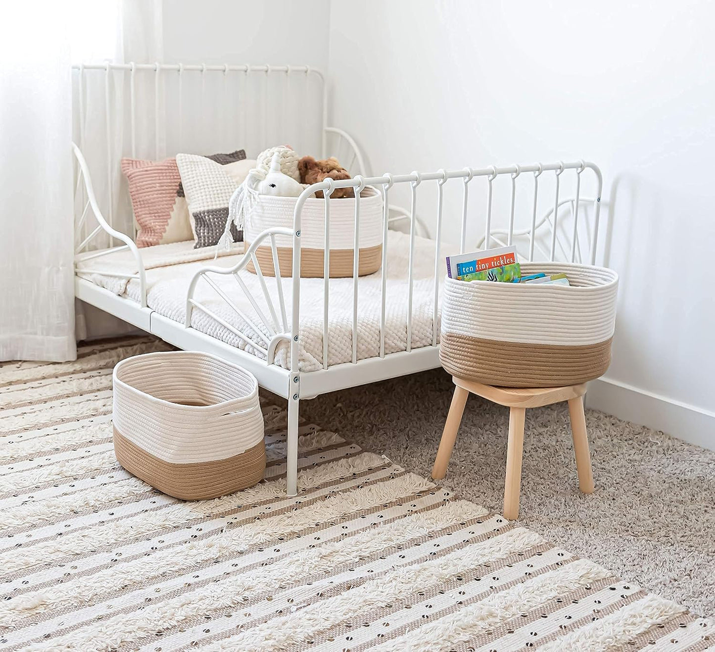 OrganiHaus Cotton Rope Baskets for Shelves, Set of 3, 15x9x10 | Handwoven; a toy bin and organizer for towels, books, or blankets; fits nursery, playroom, or bedroom decor