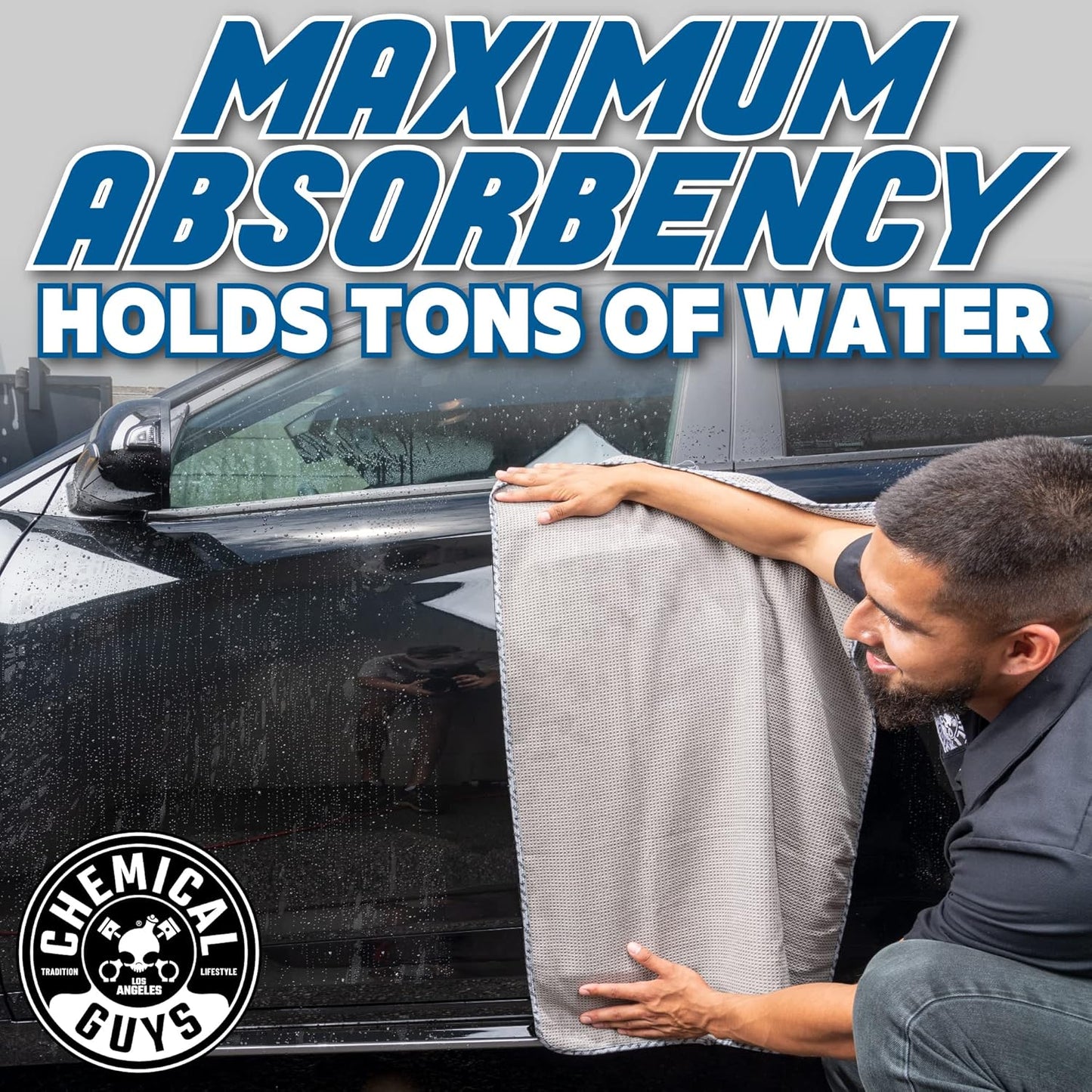 Chemical Guys Waffle Weave Gray Matter Microfiber Drying Towel - 25" x 36", Premium Blend Microfiber Towel with Soft-Banded Edging for Scratch-Free Car Drying, Ultra Absorbent