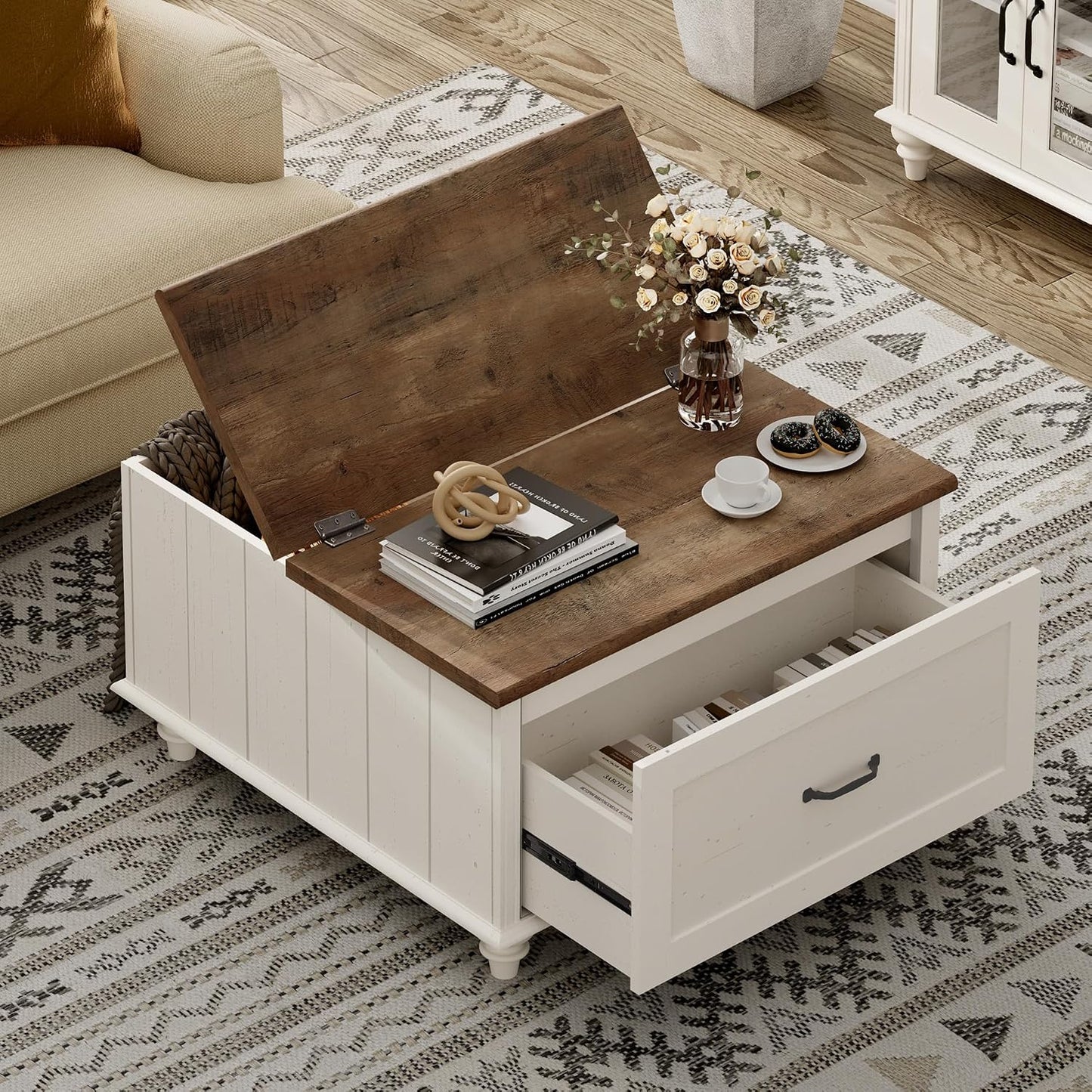 WAMPAT Farmhouse Coffee Table with Storage, Set of 2 Square Coffee Table with Lift Top & Drawers for Living Room, Wooden Center Table for Home & Office, White