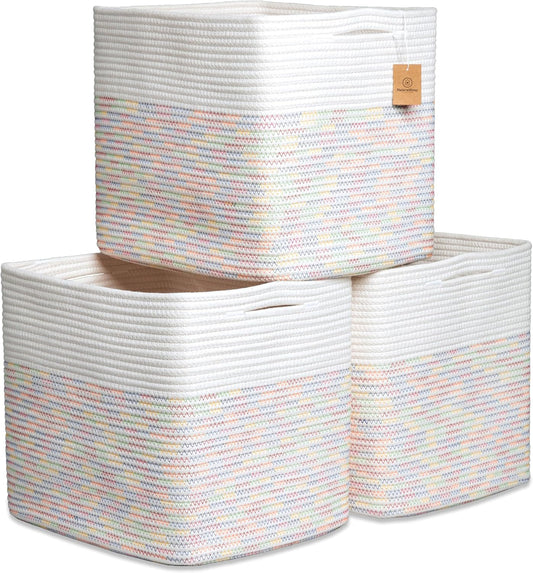 NaturalCozy 13x15x13 Kallax Storage Cubes Bins, 3 Pack | Cotton Rope Cube Storage Bin Woven Baskets for Organizing | Kallax Insert Storage Baskets for Shelves Organizer, Kids Toy, Closet Baby Nursery
