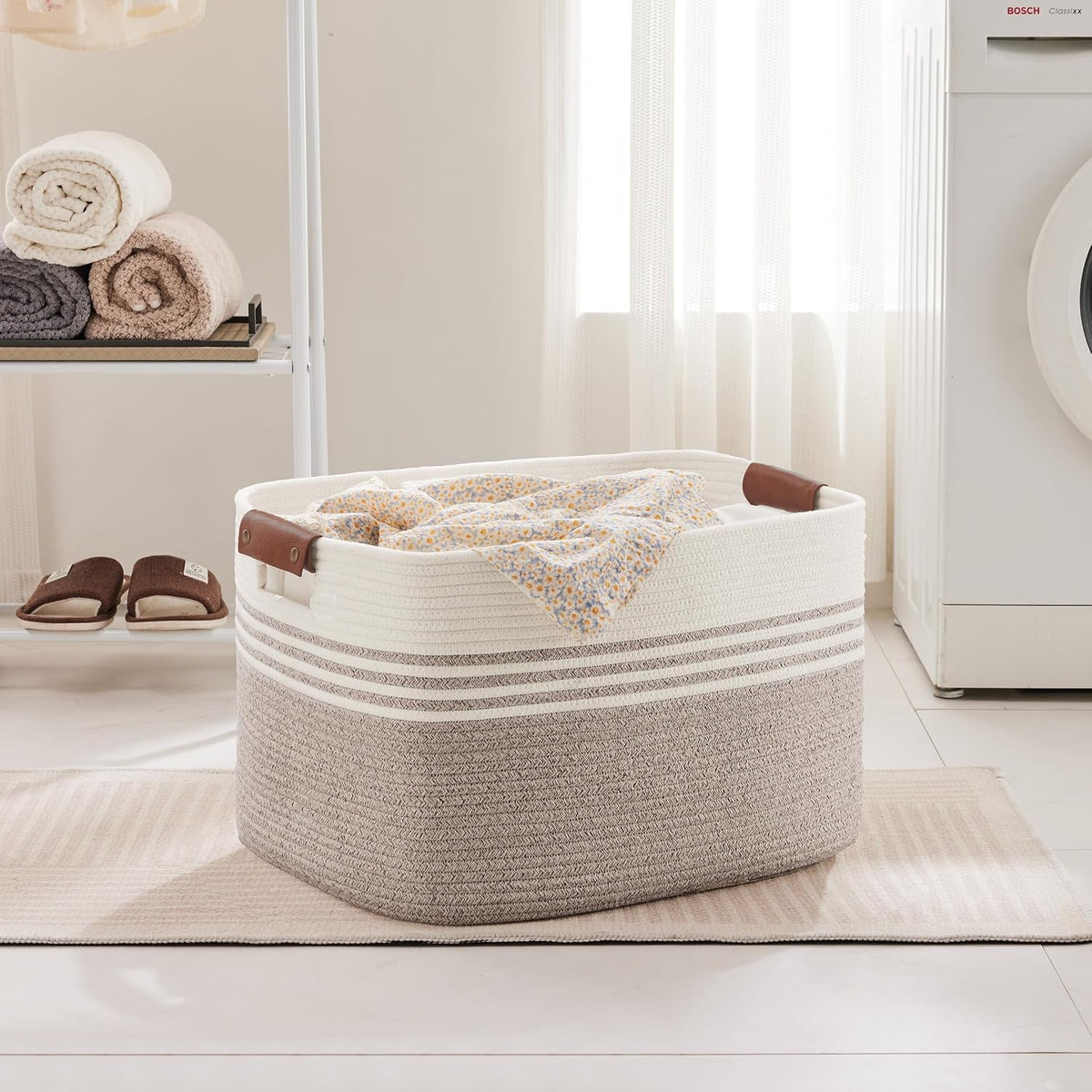 86L Large Woven Laundry Basket Hamper with Leather Handles,Brown