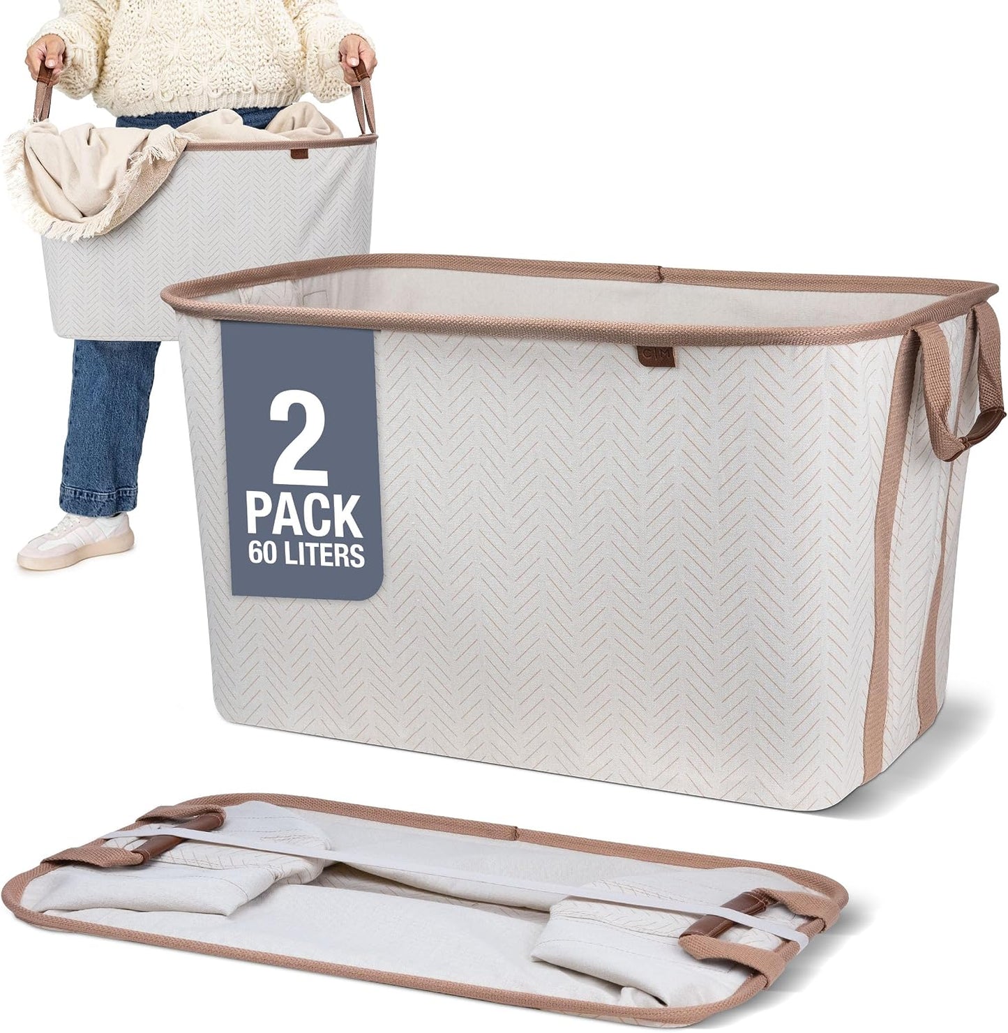 Collapsible Fabric Laundry Basket Premium, Cream Herringbone, 2 Pack