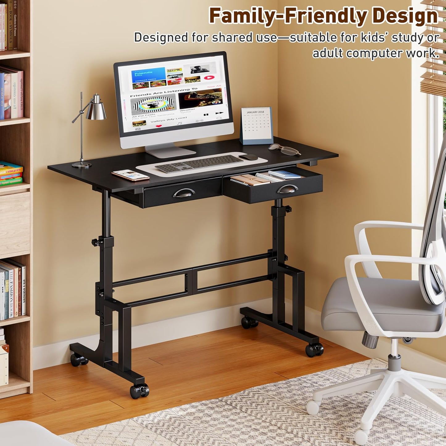 Jsskeeim Adjustable Standing Desk with Drawers, Rolling Sit Stand Desk with Wheels for Walking Pad, Small Mobile Computer Desk for Home Office, Portable Height Adjustable Desk 31.5"-43.3", Black