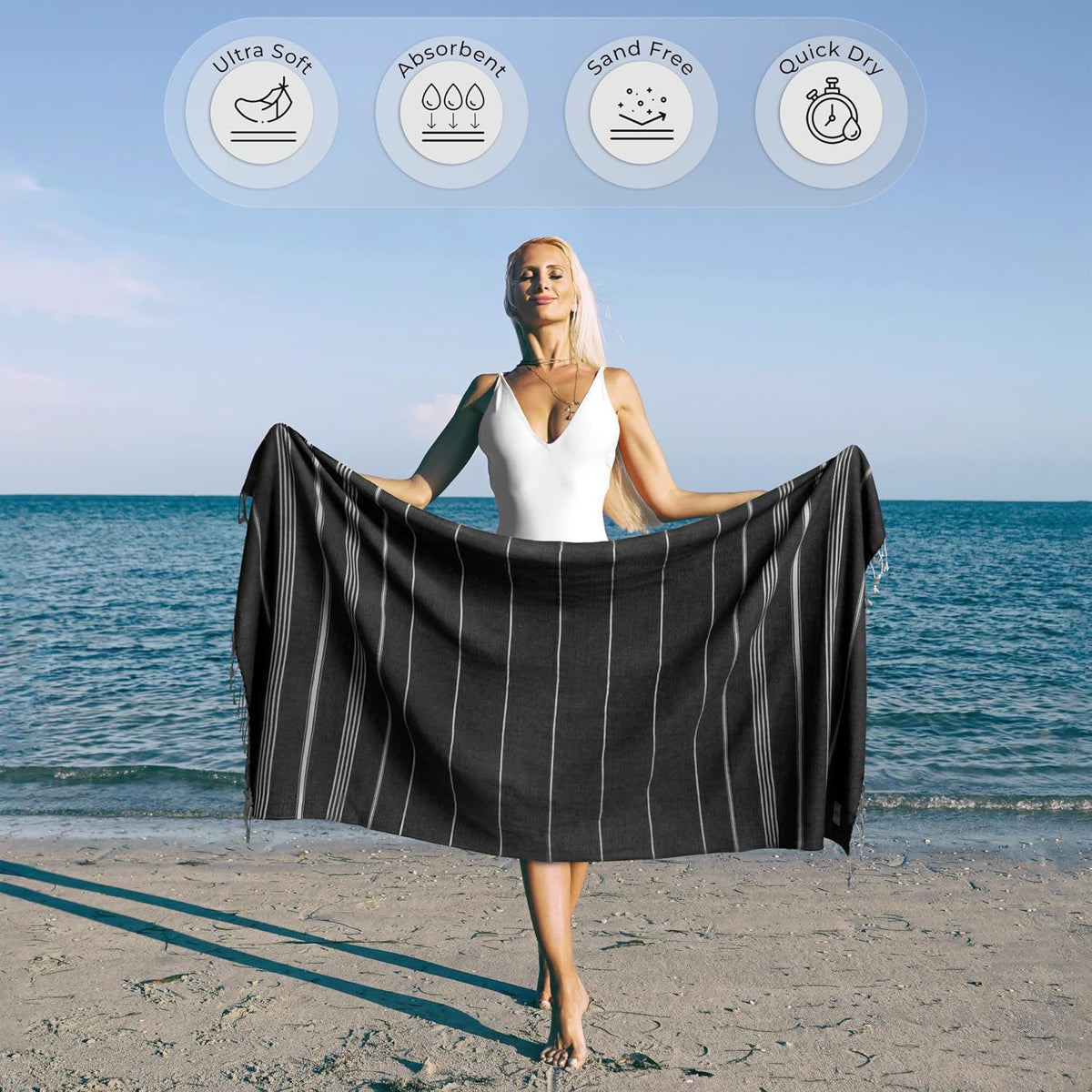 Ossano Turkish Beach Towel Absorbent & Quick Dry Oversized (39" x 71") - Decorative, Versatile and Functional as Yoga Mat, Beach Blanket, Bath, Travel, Airplane and Gym Towel - Black