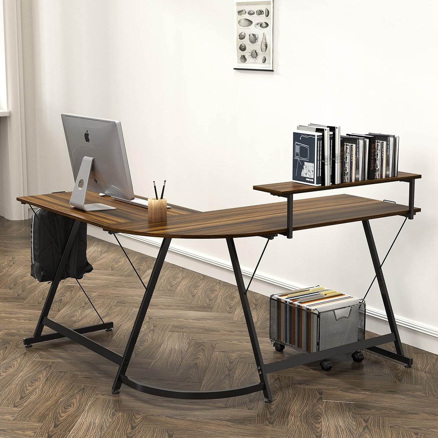 SHW 51 x 51 Inches Vista L-Shaped Desk with Monitor Stand and Drawer, Walnut