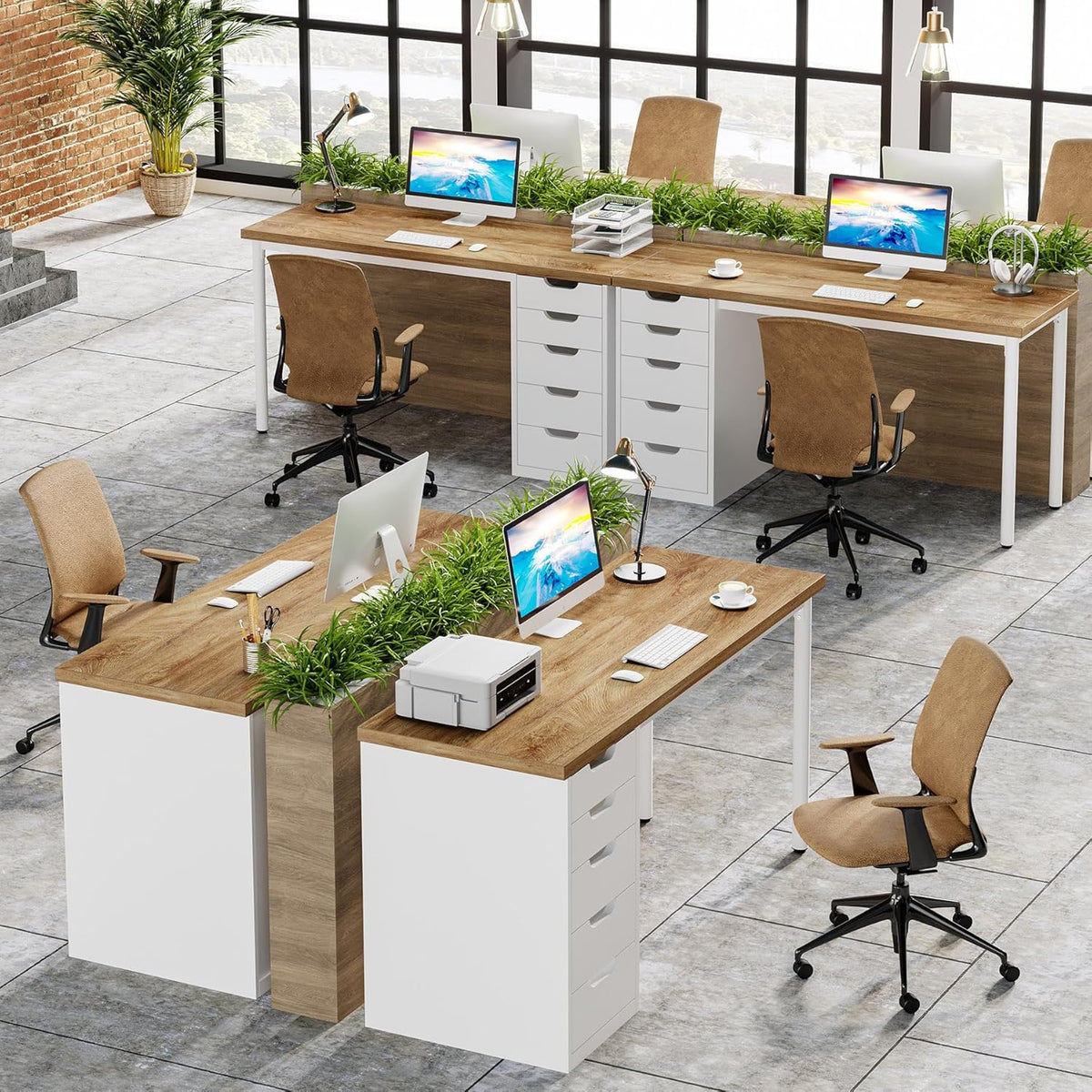 Tribesigns Computer Desk with 5 Drawers, 47 inches Rustic Brown Home Office Desk with Storage, Modern Simple Laptop Desk Study Writing Table for Small Spaces (1, Walnut+White)