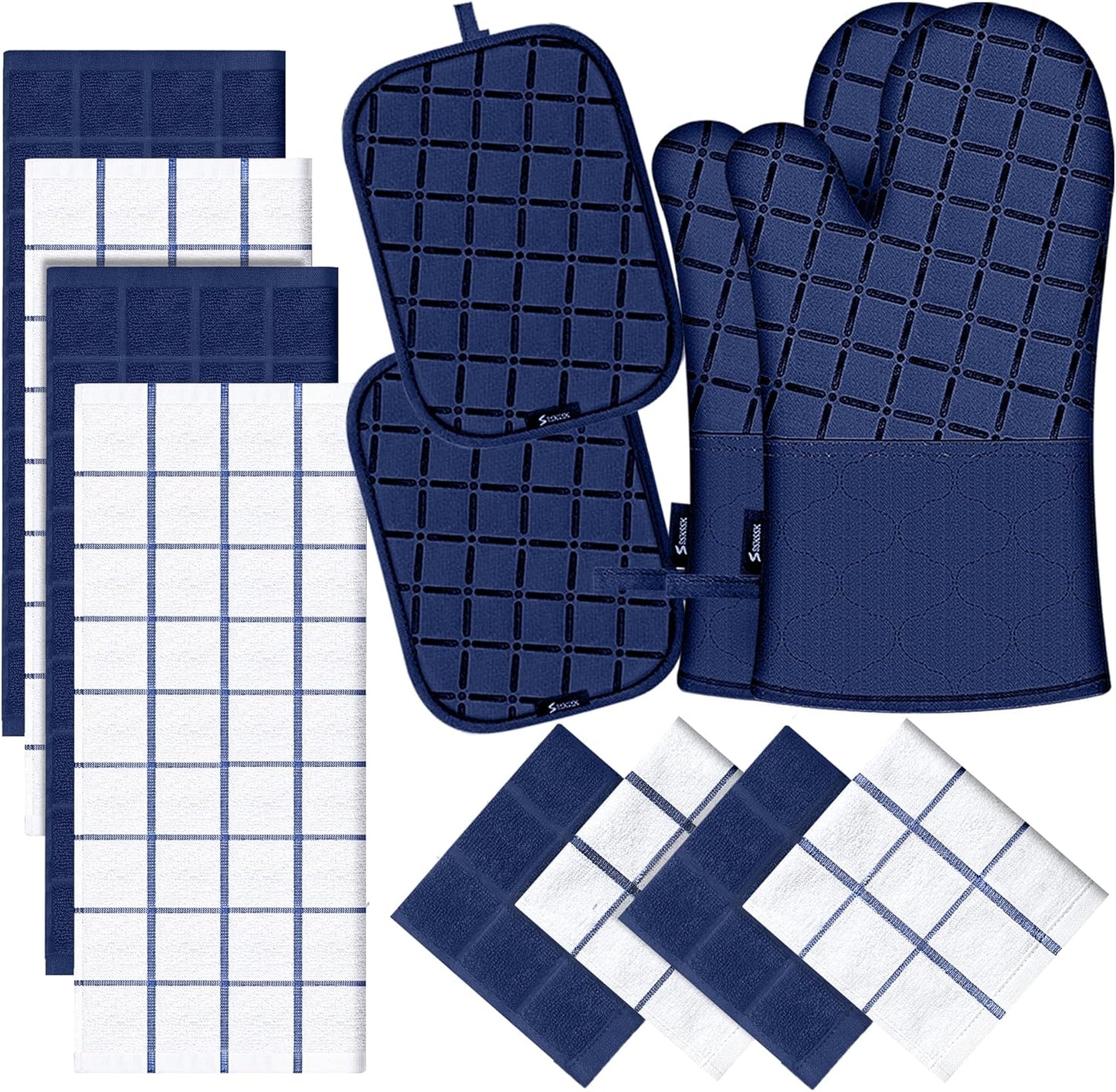 Oven Mitts Pot Holders Sets/Kitchen Towels and Dishcloths, Oven Gloves Kitchen Dish Towels 500 Degree Heat Resistant Potholders with Non-Slip Silicone Surface for Cooking, Grilling, Baking-Marine Blue