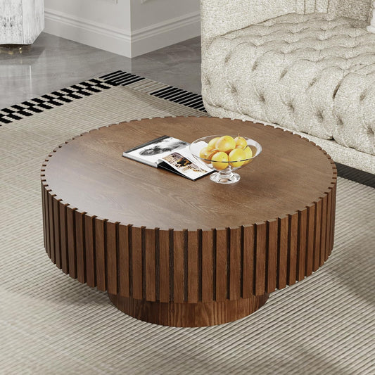 Brown Round Fluted Coffee Table for Living Room (31" Round Brown) | Handcrafted Relief, Circular Wood Drum Coffee Table, for Office Outdoor