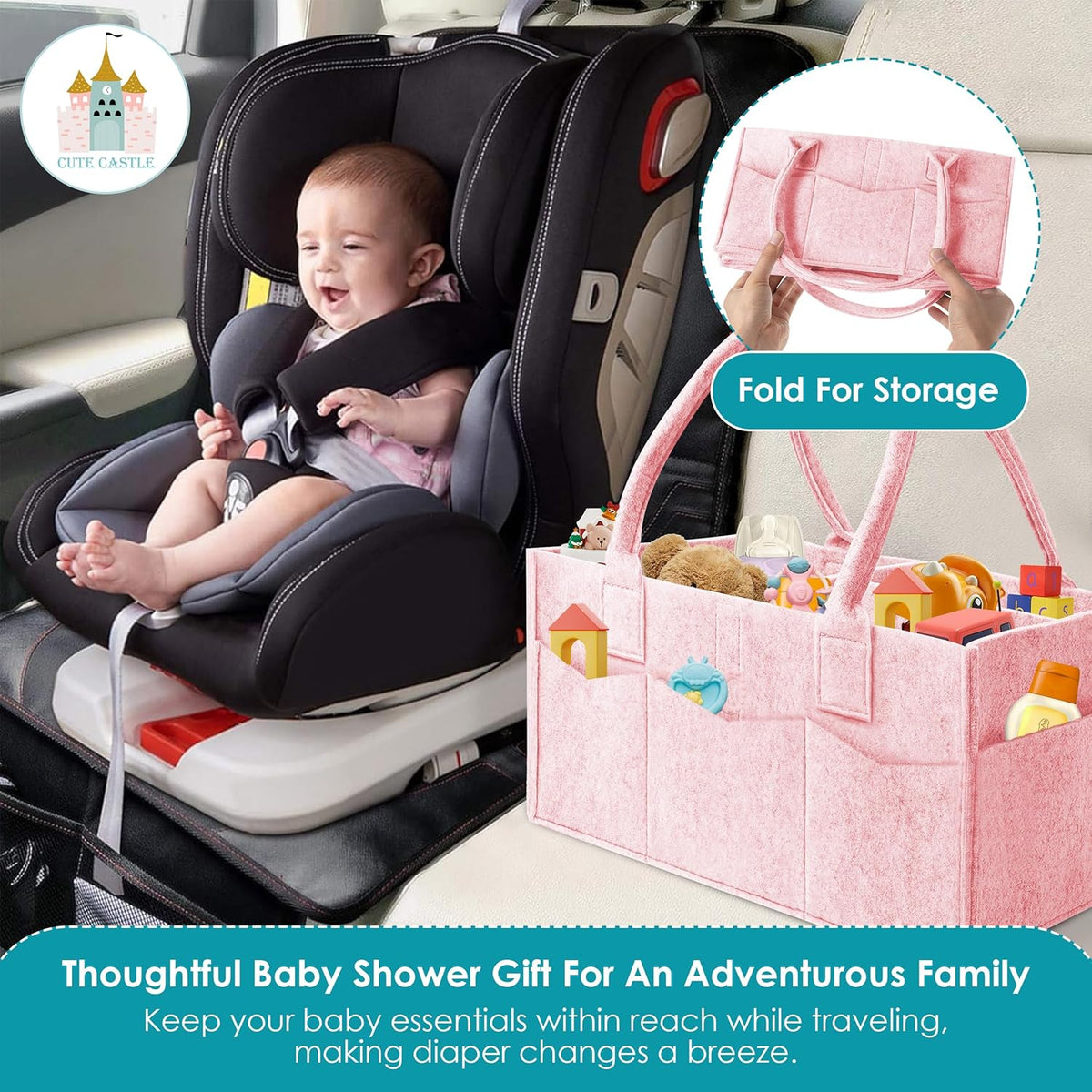Cute Castle 2 Pack Diaper Caddy Organizer - Portable Baby Caddy Organizer with Handle, Nursery Storage Bin and Car Organizer for Girls, Boys - Baby Gift Basket - Pink