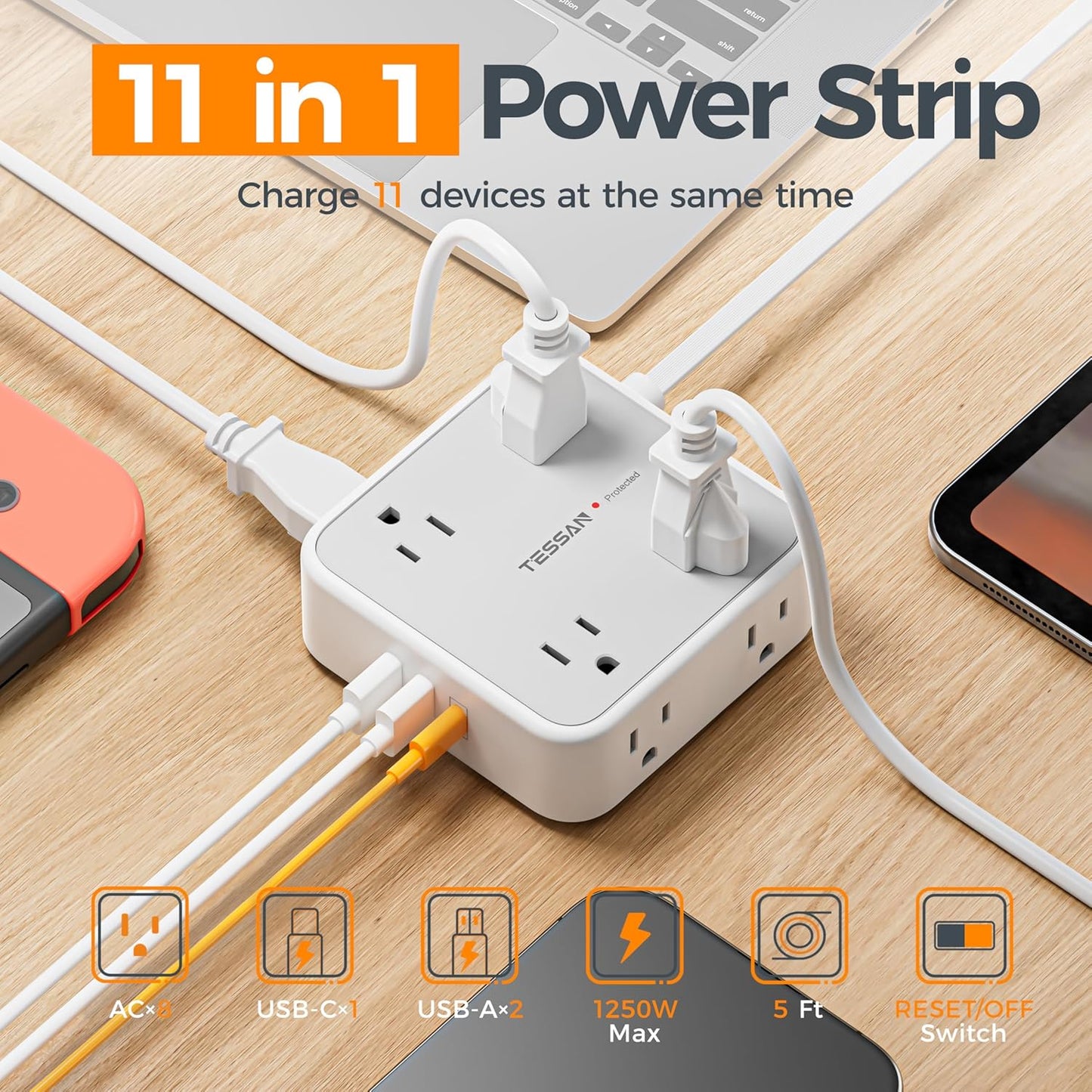 TESSAN 10 Ft Surge Protector Power Strip, 3 USB(1 USB C) 8 Outlets, Flat Plug Extension Cord with Multiple Outlets, 900J Protection, Desk Charging Station for Home, Dorm Room Essentials, Grey