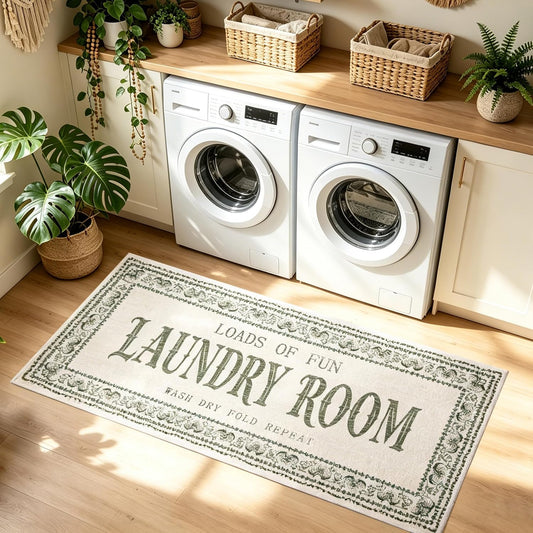Laundry Room Rug 20"x47", Washable Boho Laundry Runner Rug with Non-Slip TPE Backing, Faux Wool Laundry Mat for Washer and Dryer, Soft Low-Profile Laundry Room Decor Rug for Kitchen, Hallway, Beige