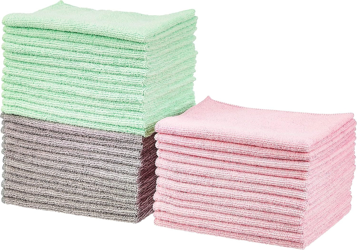 Amazon Basics Microfiber Cleaning Cloths, Ultra Absorbent, Scratch-Free, Non-Abrasive, Reusable and Washable, 16" x 12", Green/Gray/Pink, 48-Pack